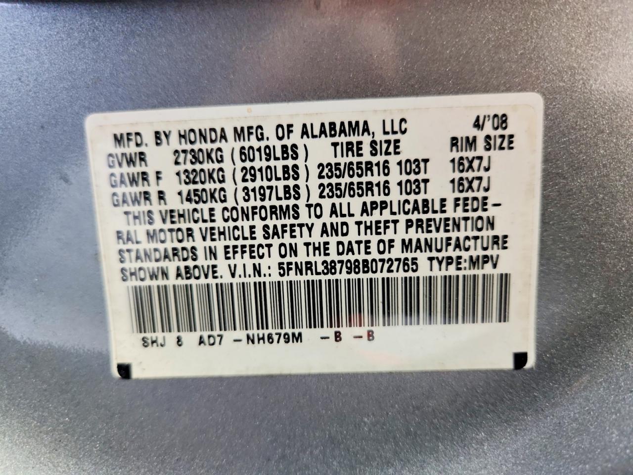 2008 Honda Odyssey Exl Blue vin: 5FNRL38798B072765