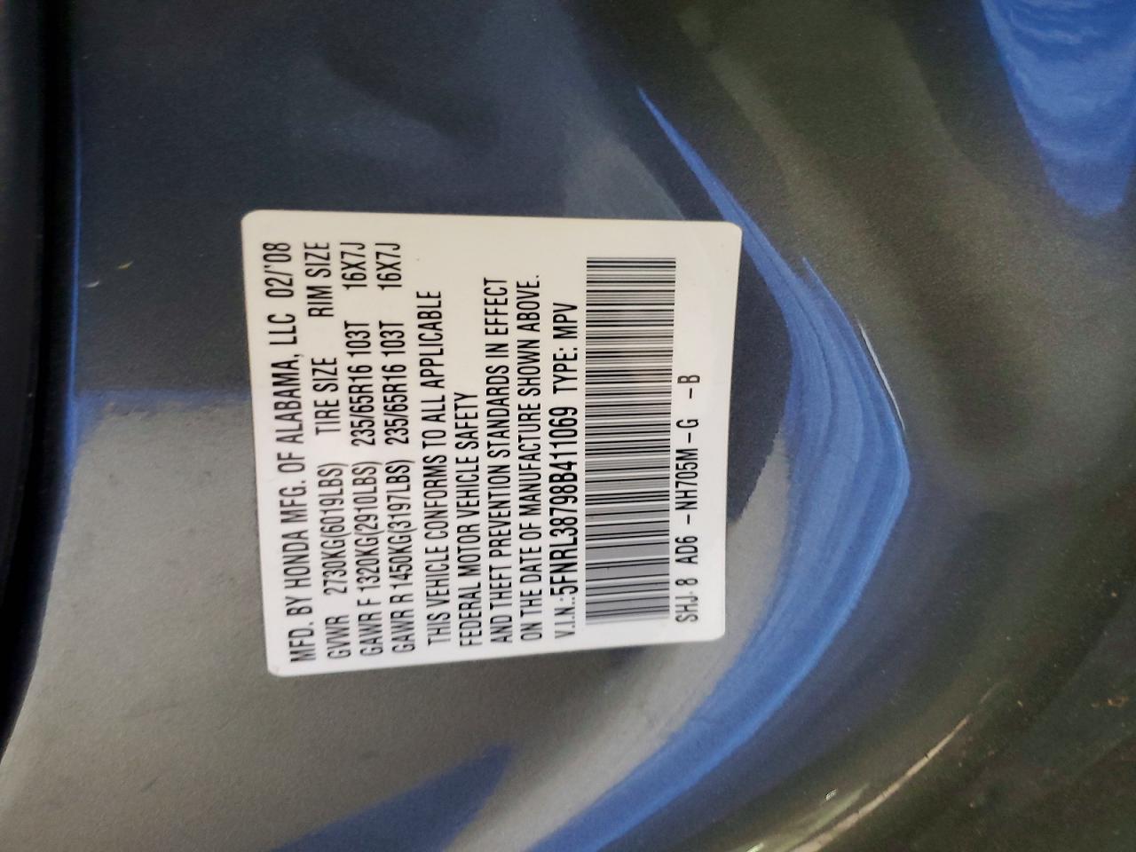 2008 Honda Odyssey Exl Gray vin: 5FNRL38798B411069
