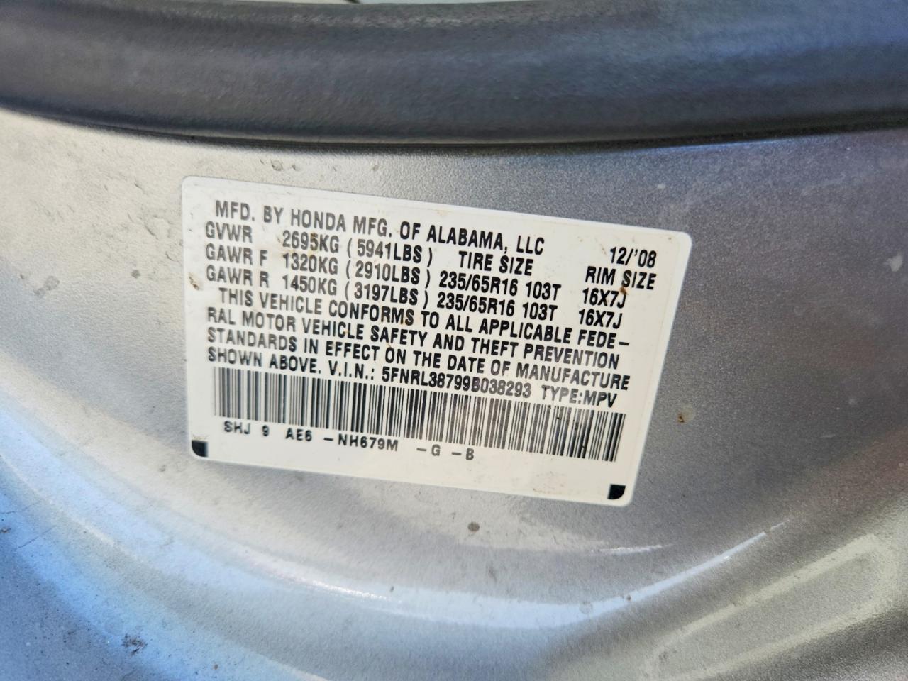 2009 Honda Odyssey Exl Silver vin: 5FNRL38799B038293