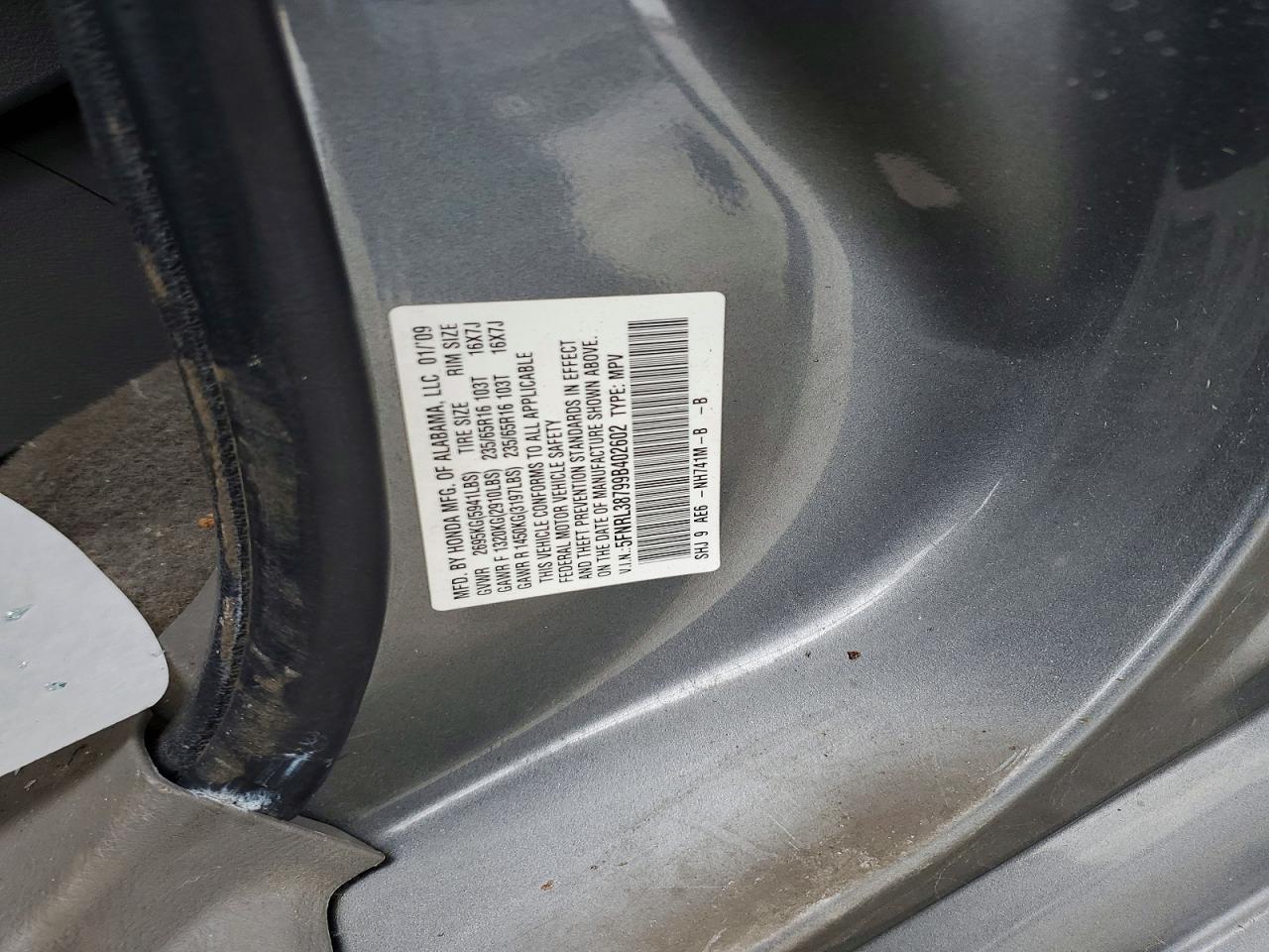 2009 Honda Odyssey Exl Gray vin: 5FNRL38799B402602