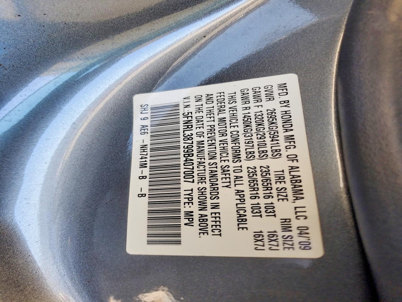 2009 Honda Odyssey Exl Gray vin: 5FNRL38799B407007