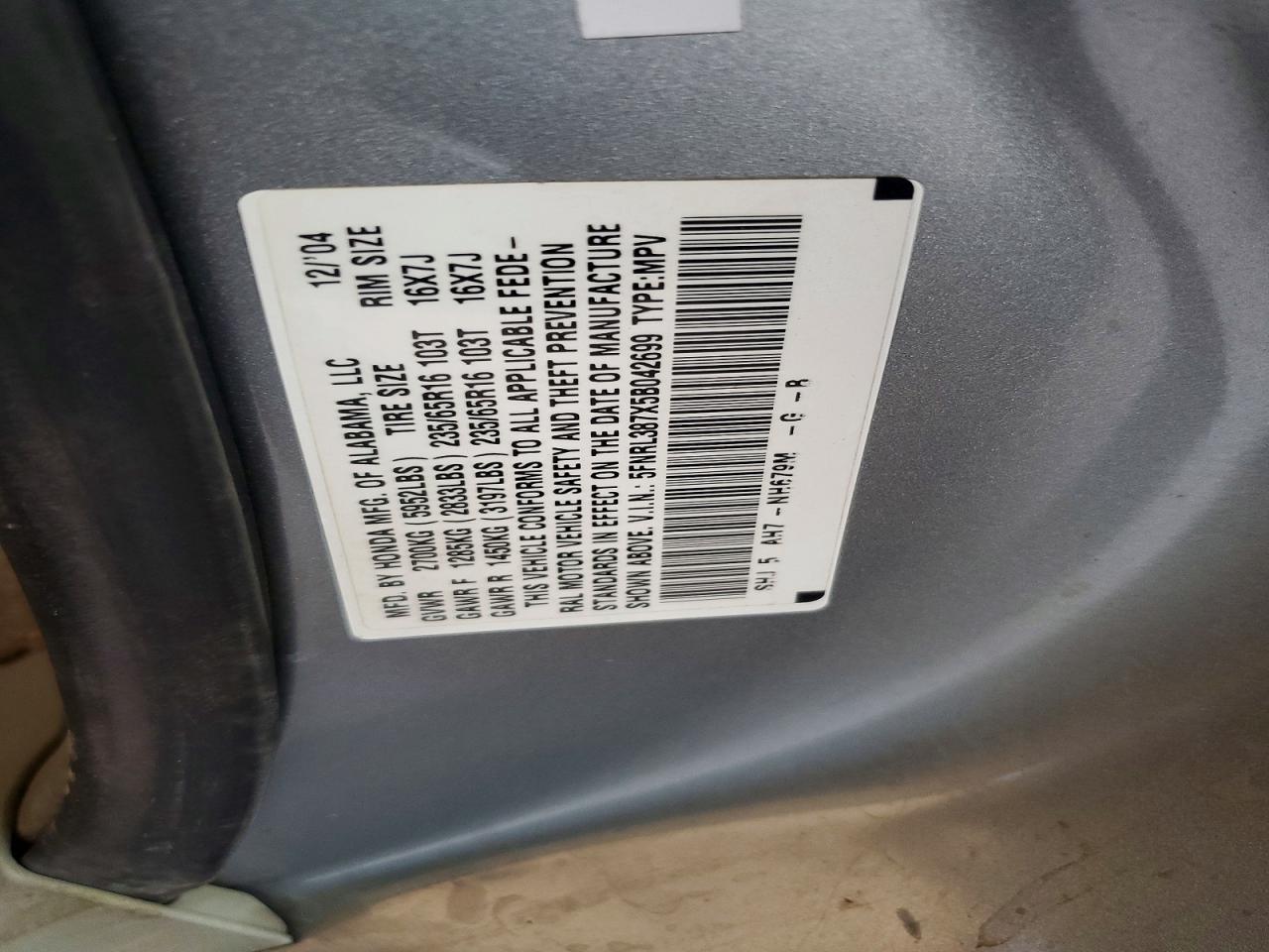 2005 Honda Odyssey Exl Silver vin: 5FNRL387X5B042699