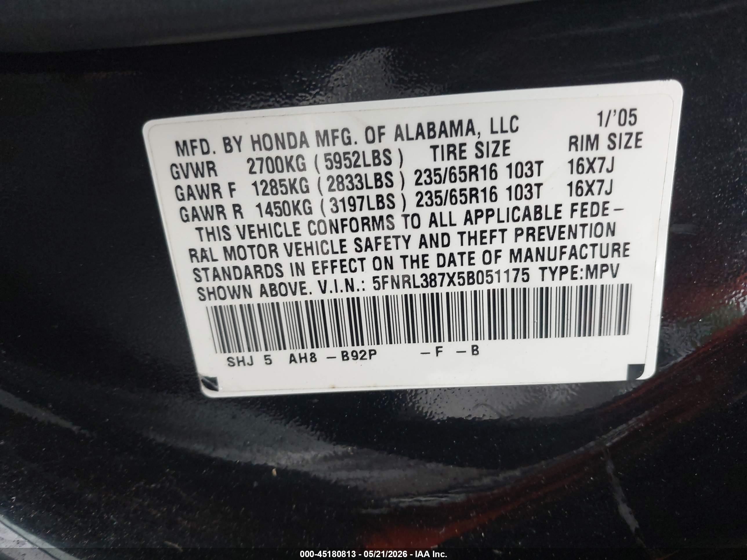2005 Honda Odyssey Ex-l Black vin: 5FNRL387X5B051175