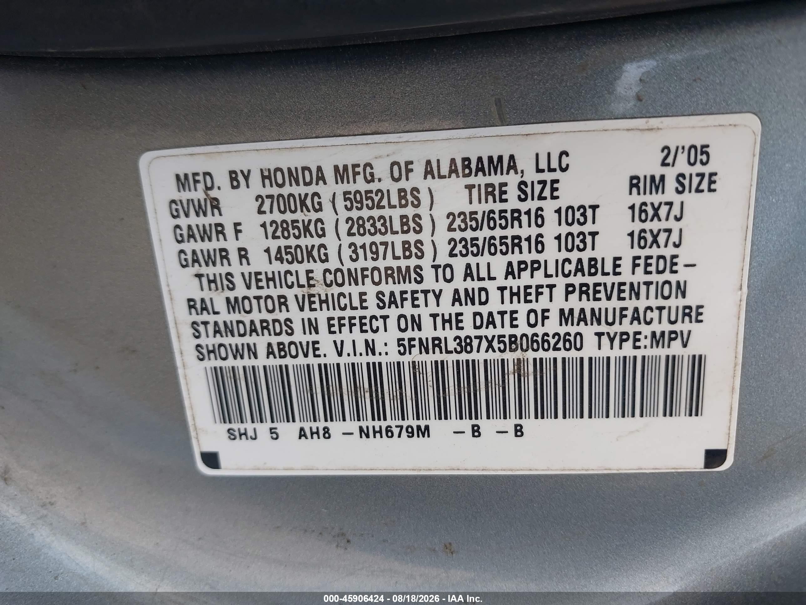 2005 Honda Odyssey Ex-l Light Blue vin: 5FNRL387X5B066260