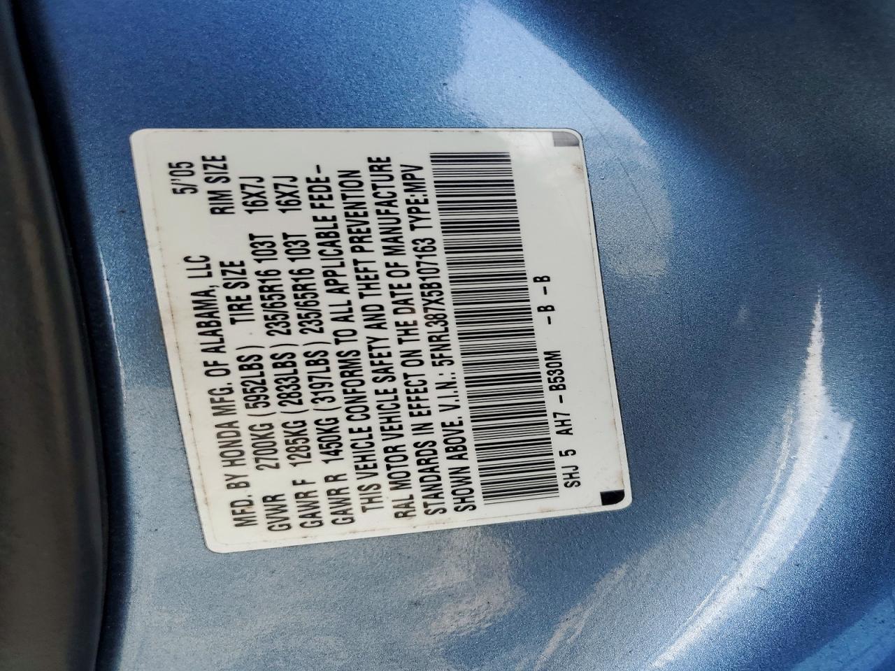 2005 Honda Odyssey Exl Blue vin: 5FNRL387X5B107163