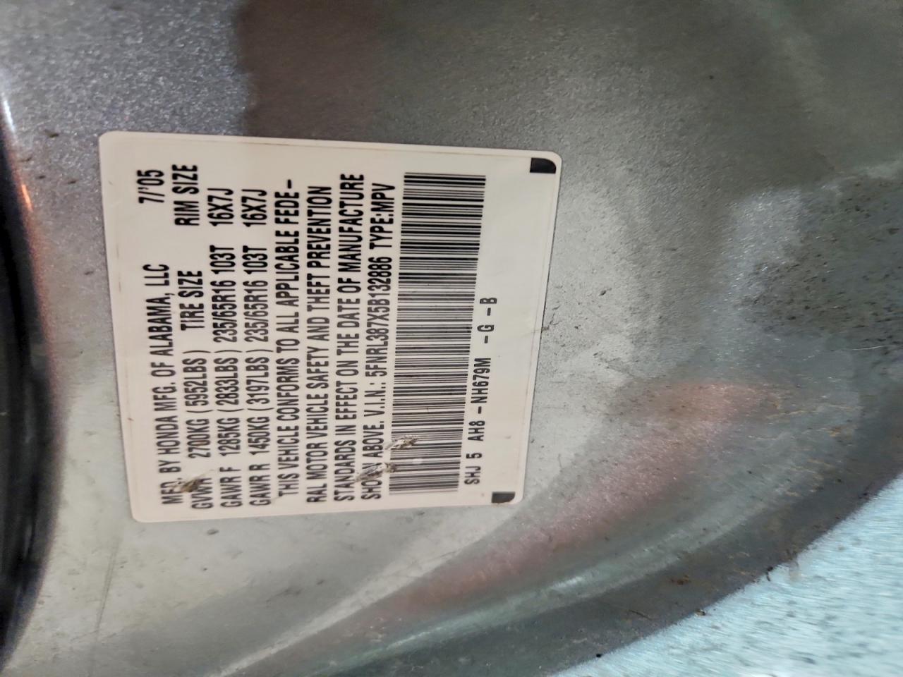 2005 Honda Odyssey Exl Gray vin: 5FNRL387X5B132886