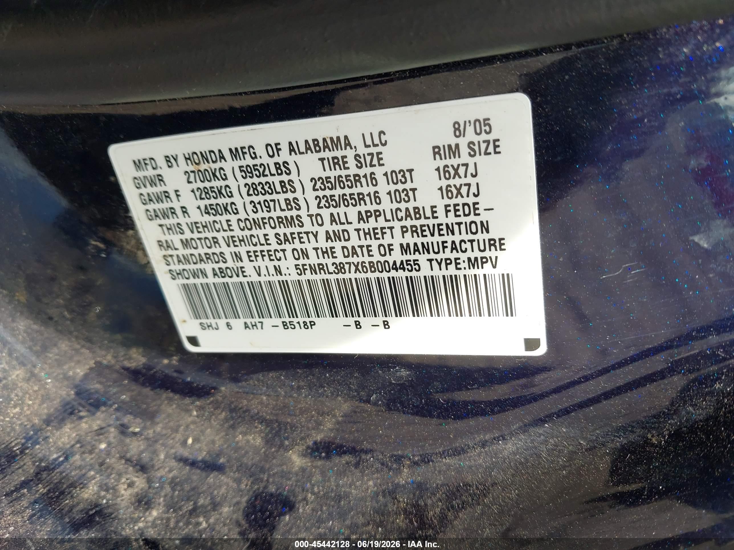 2006 Honda Odyssey Ex-l Синий vin: 5FNRL387X6B004455