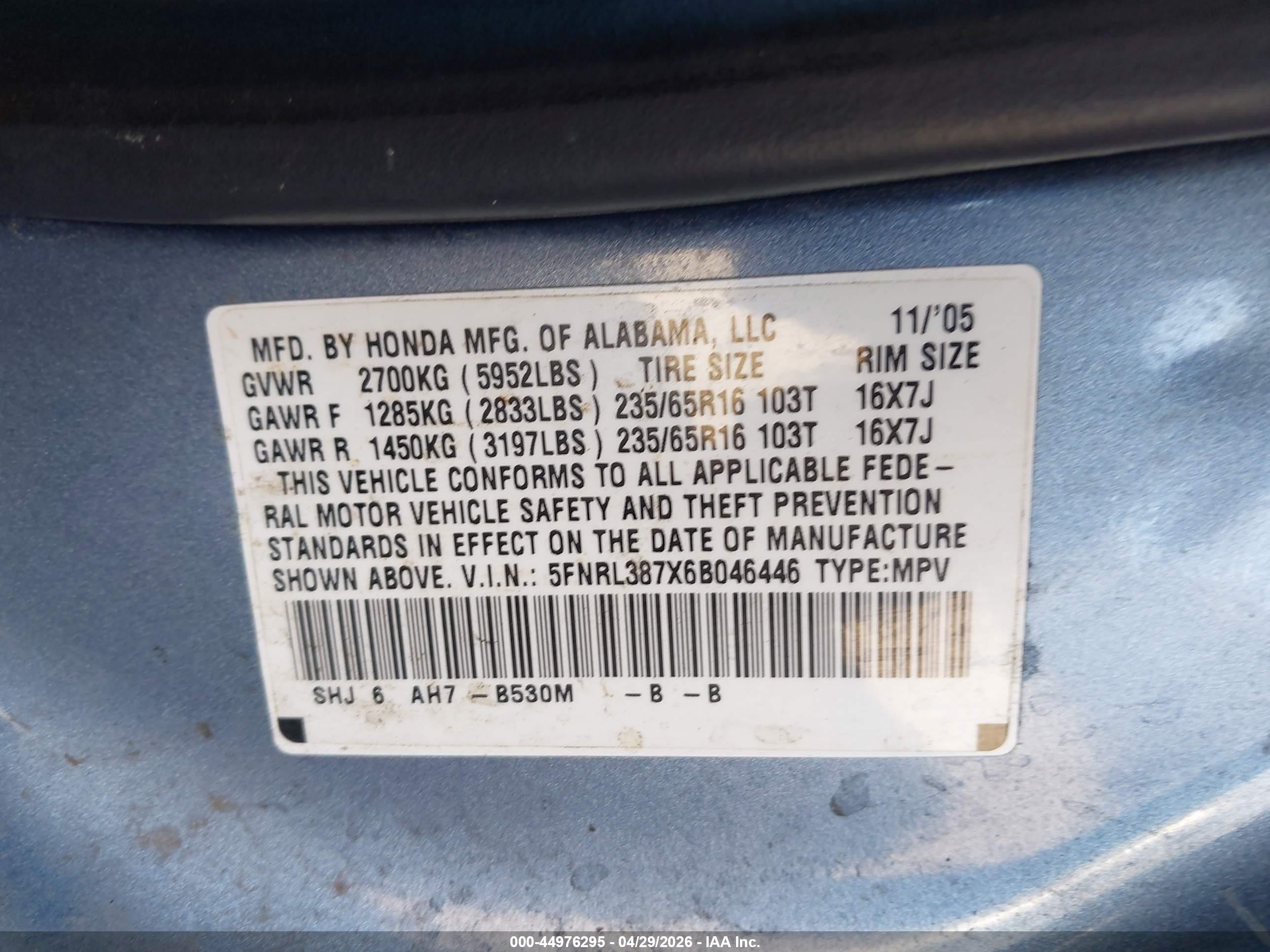 2006 Honda Odyssey Ex-l Blue vin: 5FNRL387X6B046446