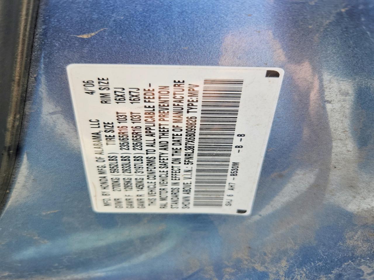 2006 Honda Odyssey Exl Blue vin: 5FNRL387X6B099826
