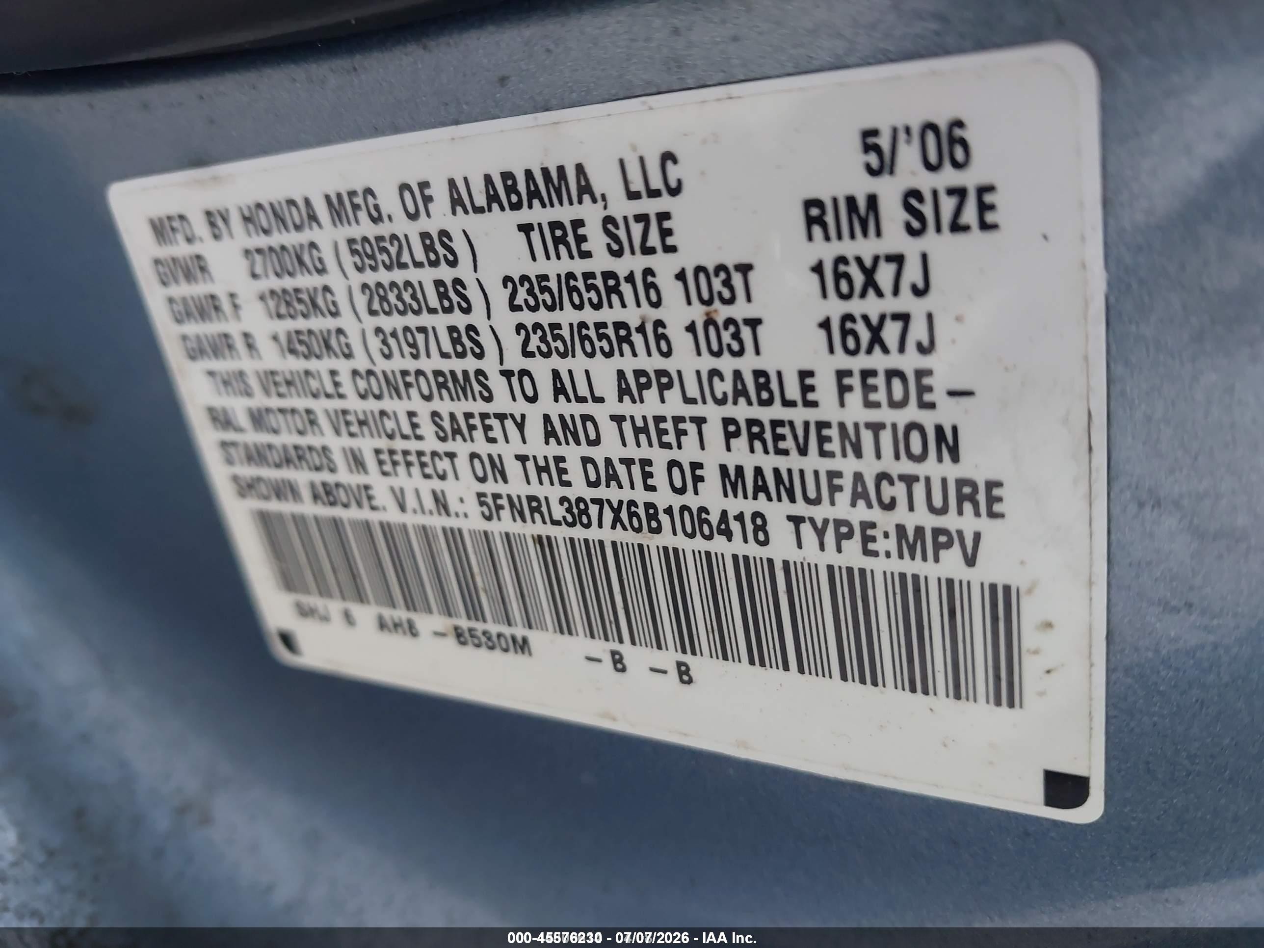2006 Honda Odyssey Ex-l Blue vin: 5FNRL387X6B106418