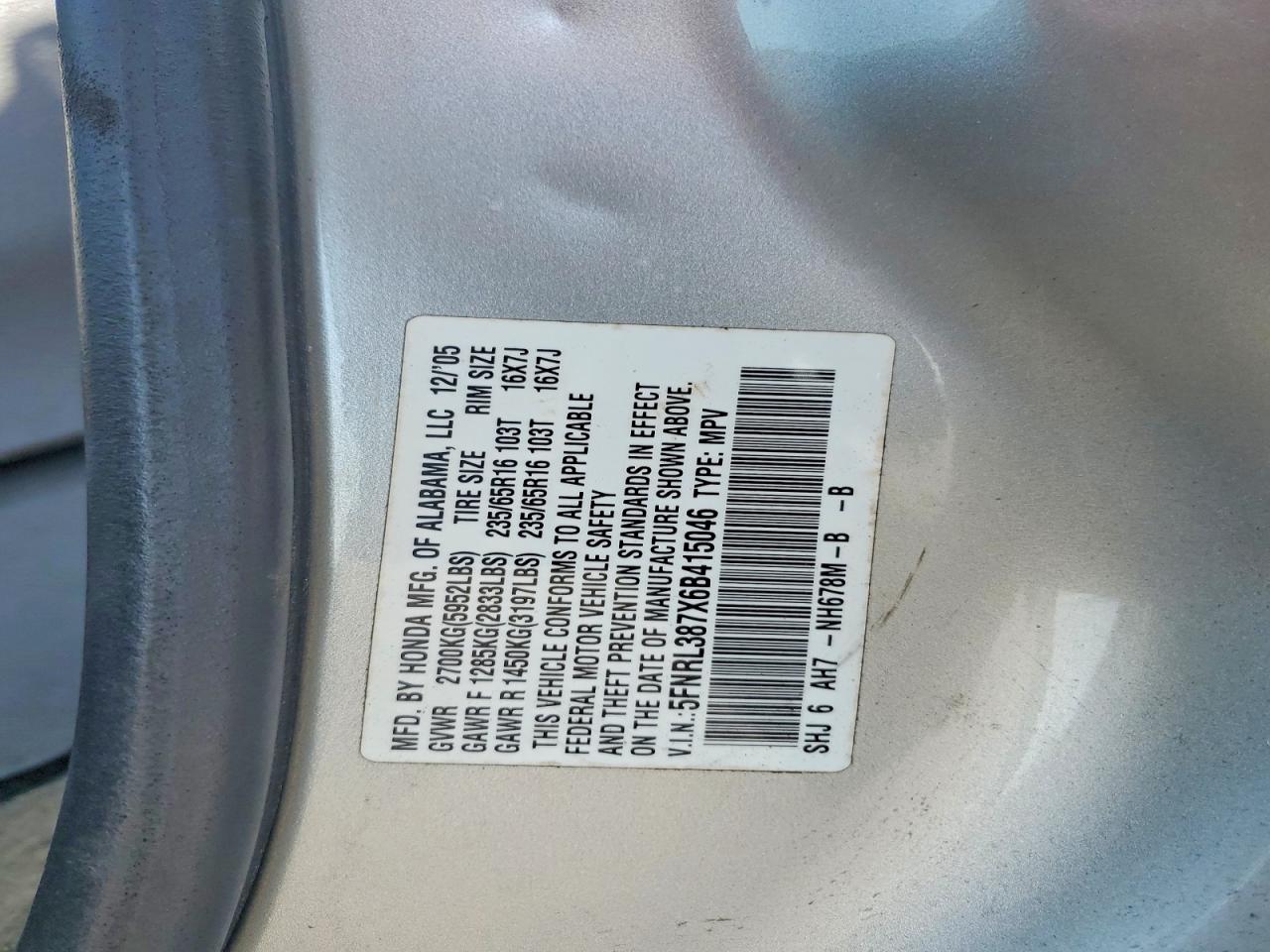 2006 Honda Odyssey Exl Silver vin: 5FNRL387X6B415046