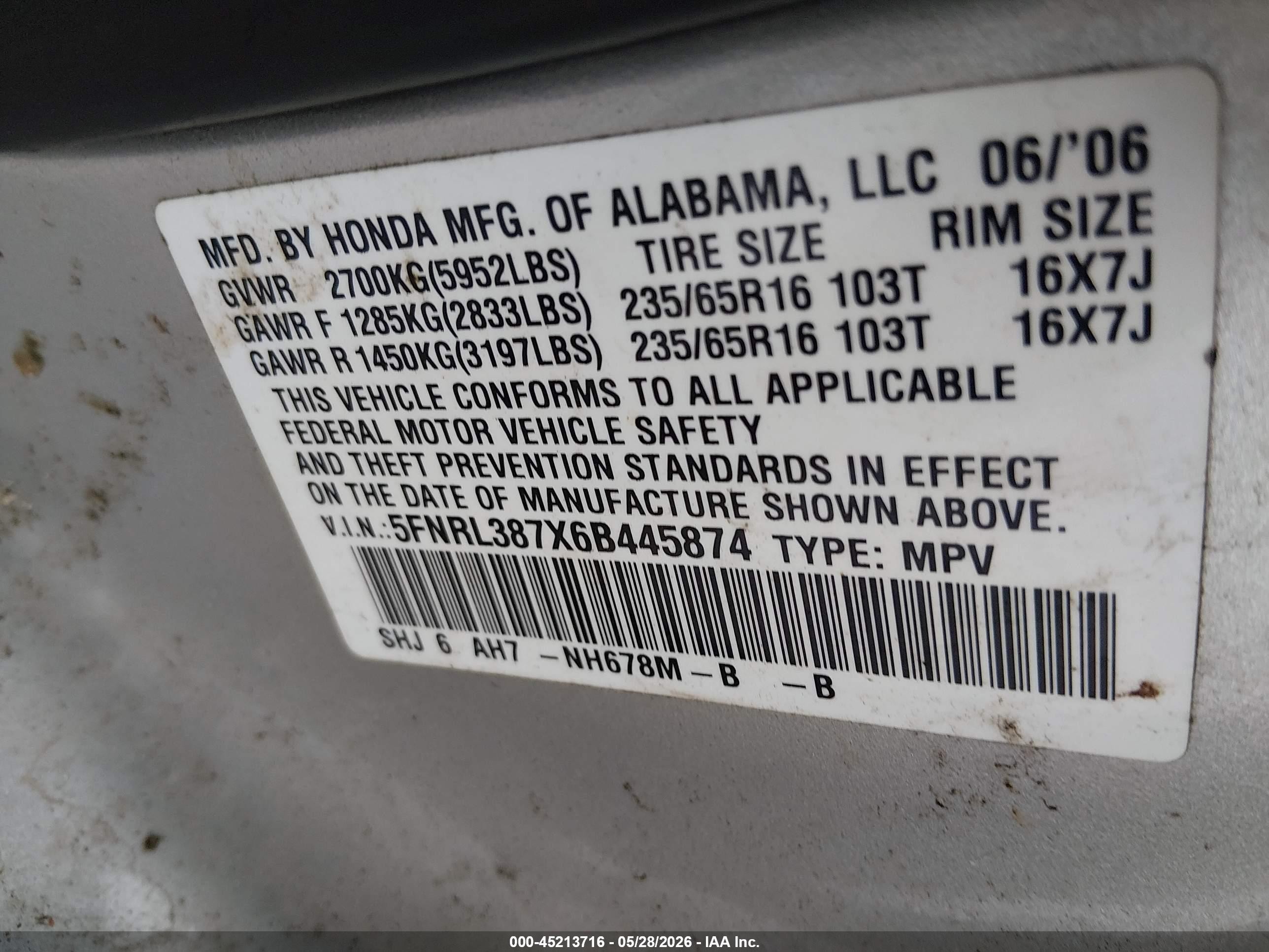 2006 Honda Odyssey Ex-l Gray vin: 5FNRL387X6B445874