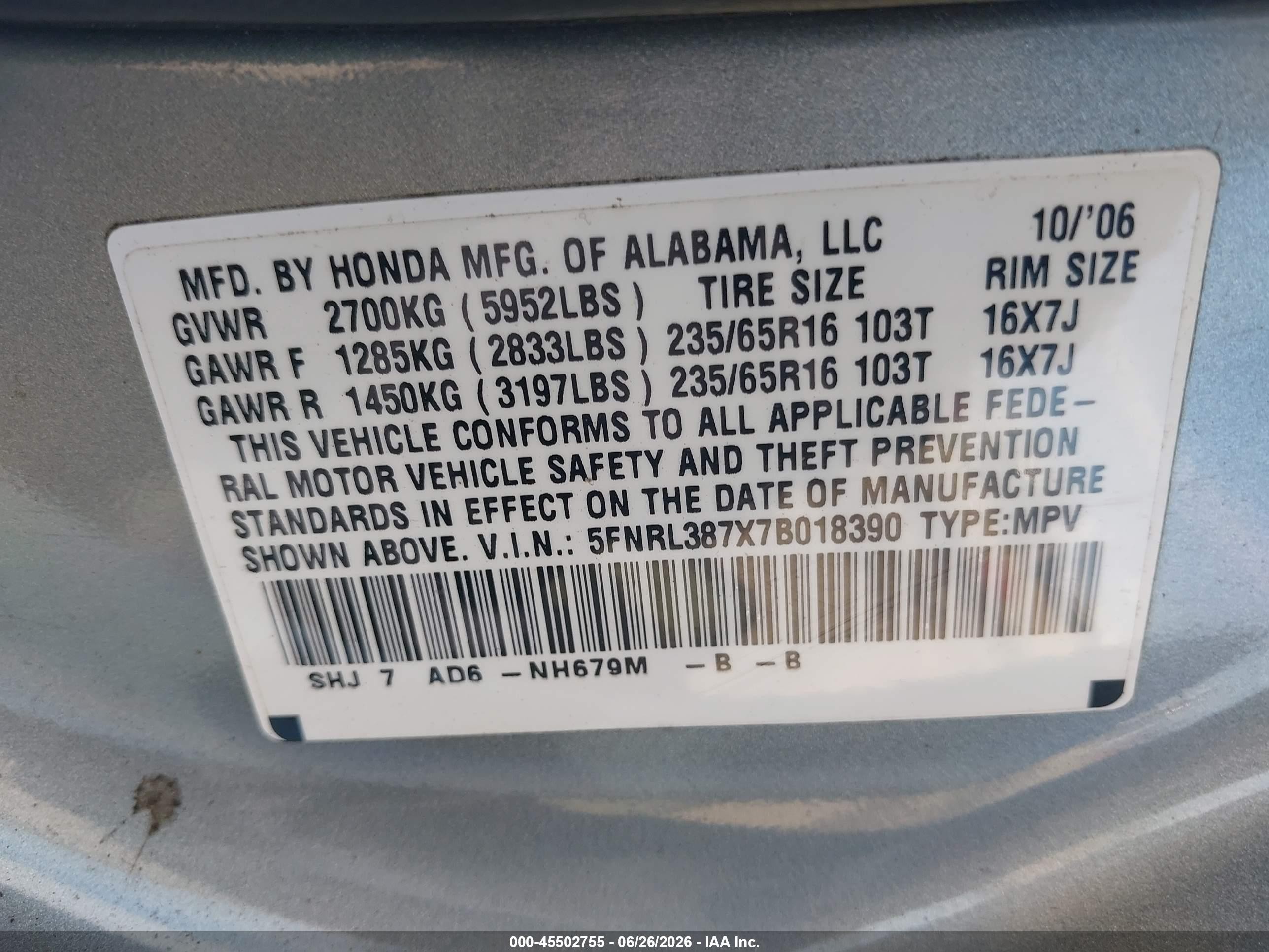 2007 Honda Odyssey Ex-l Teal vin: 5FNRL387X7B018390