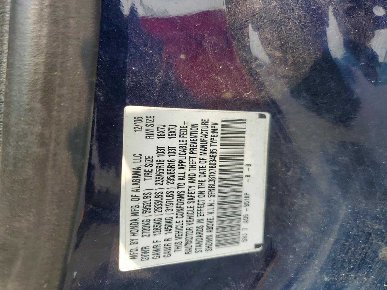 2007 Honda Odyssey Exl Blue vin: 5FNRL387X7B034685