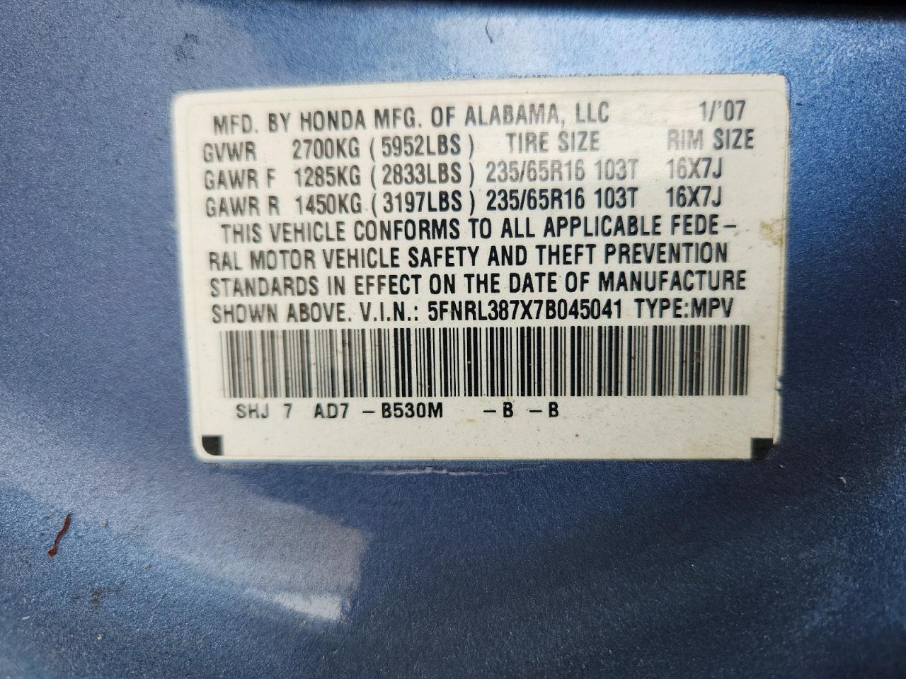 2007 Honda Odyssey Exl Синий vin: 5FNRL387X7B045041