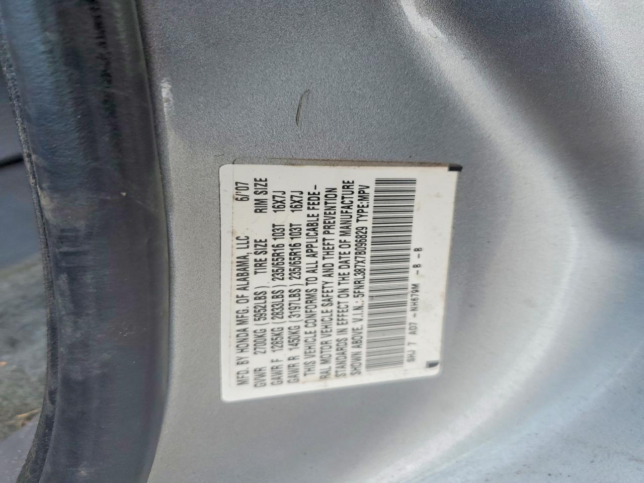 2007 Honda Odyssey Exl Blue vin: 5FNRL387X7B096829