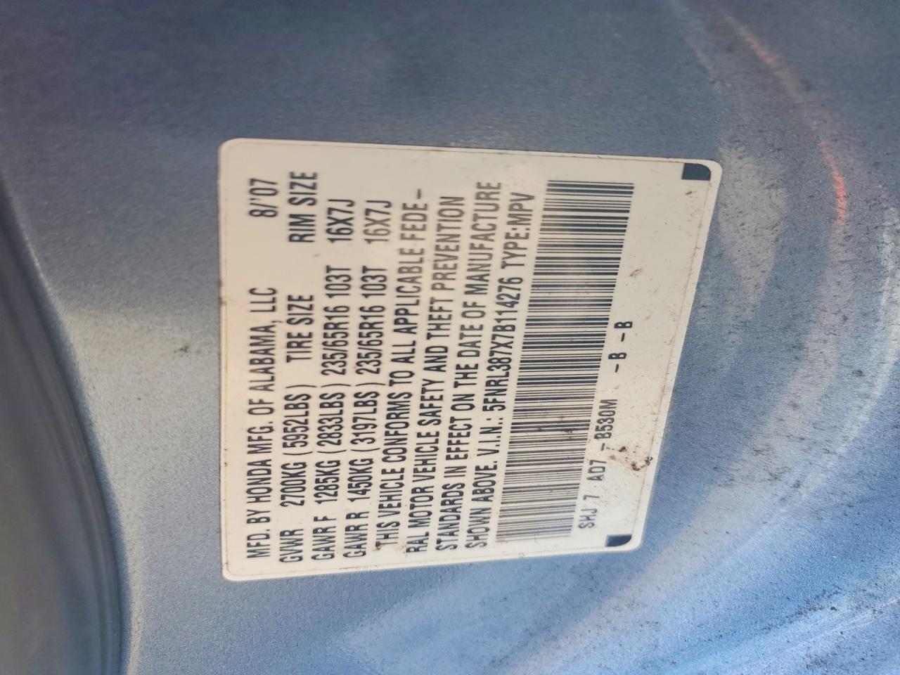 2007 Honda Odyssey Exl Blue vin: 5FNRL387X7B114276