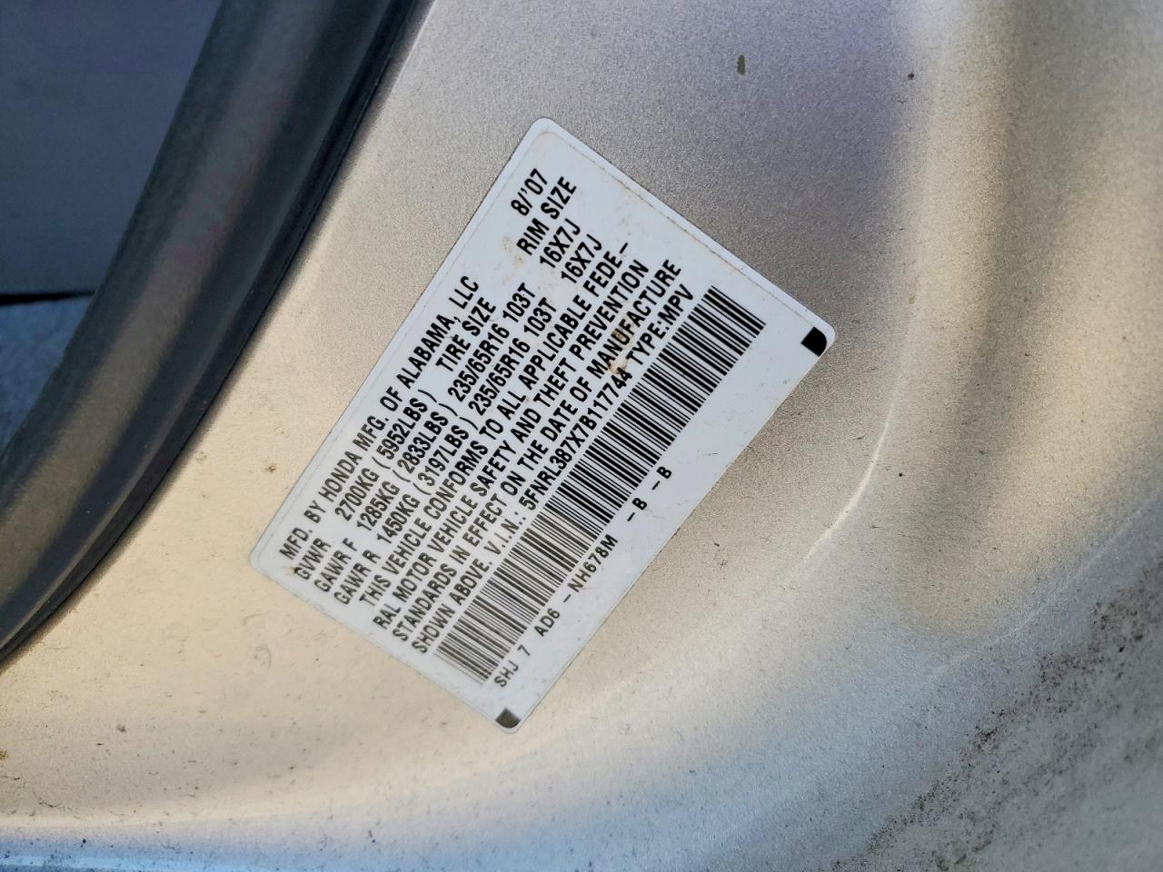 2007 Honda Odyssey Exl Silver vin: 5FNRL387X7B117744