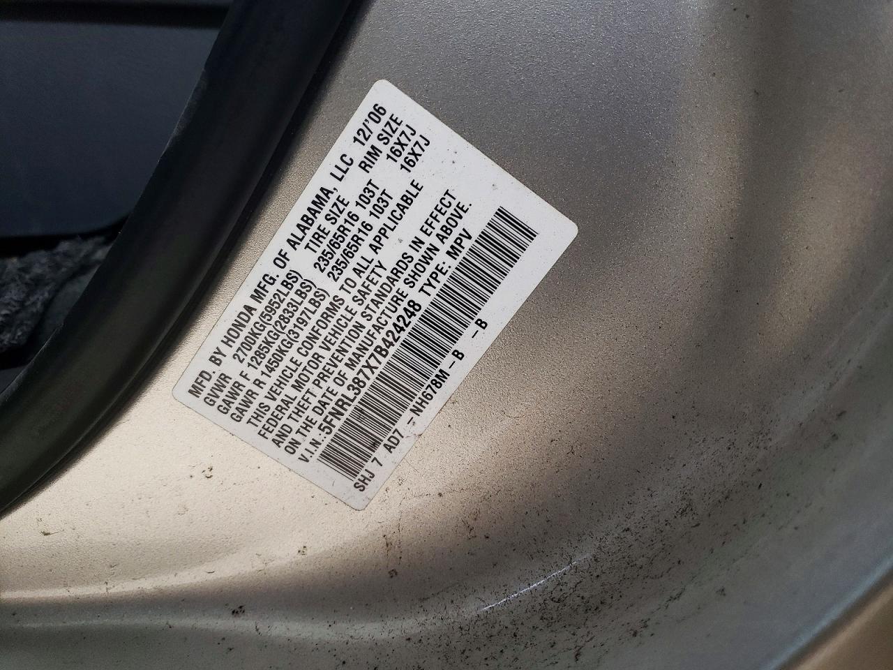 2007 Honda Odyssey Exl Silver vin: 5FNRL387X7B424248