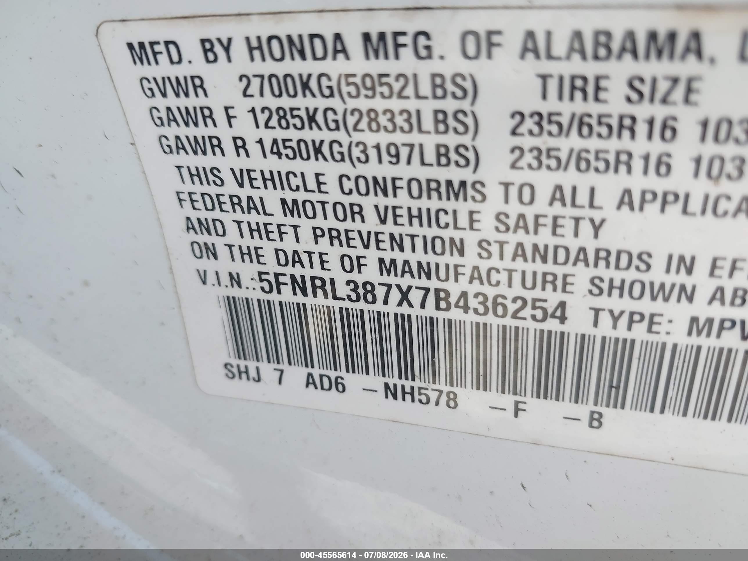 2007 Honda Odyssey Ex-l White vin: 5FNRL387X7B436254