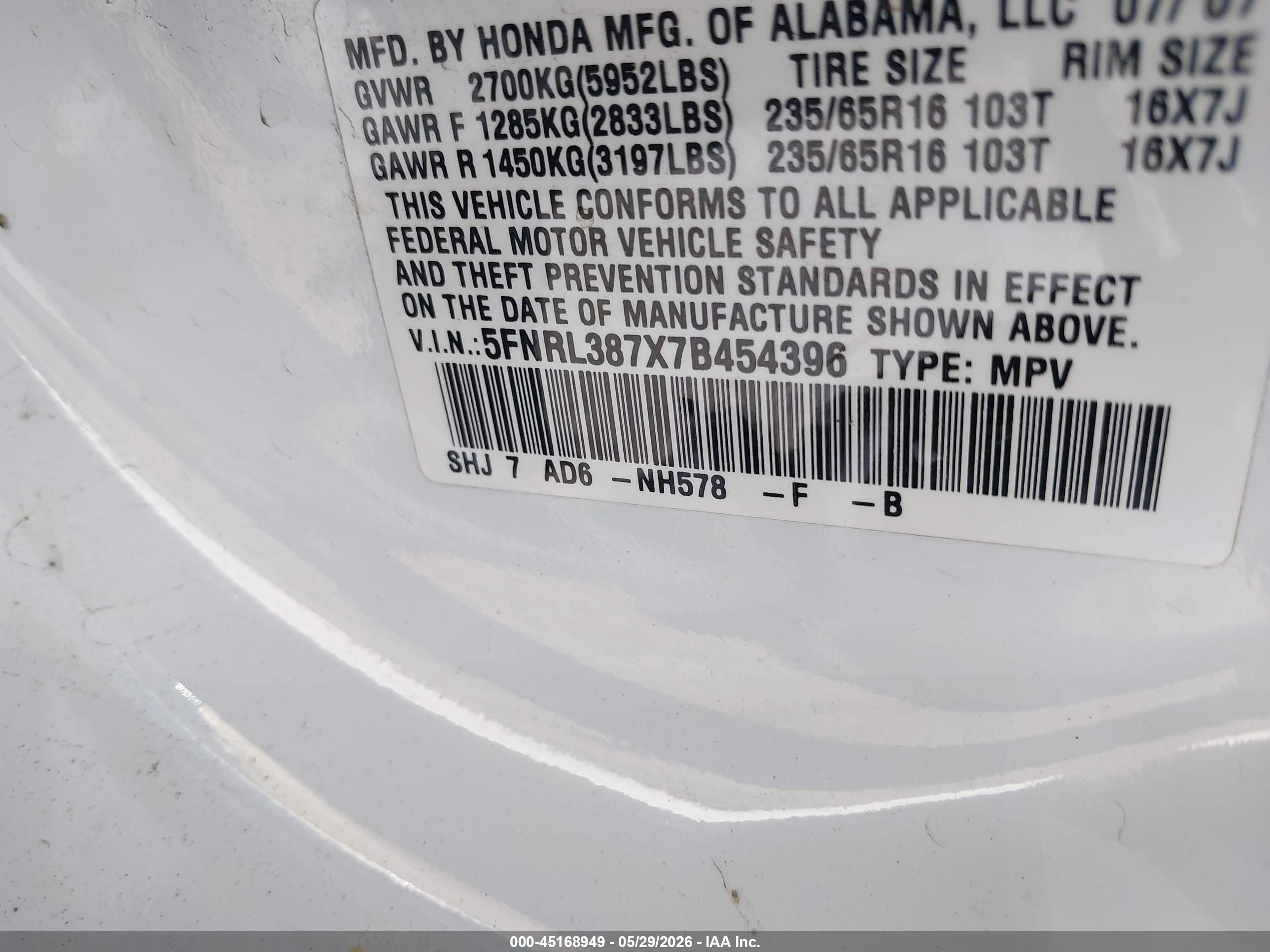2007 Honda Odyssey Ex-l White vin: 5FNRL387X7B454396