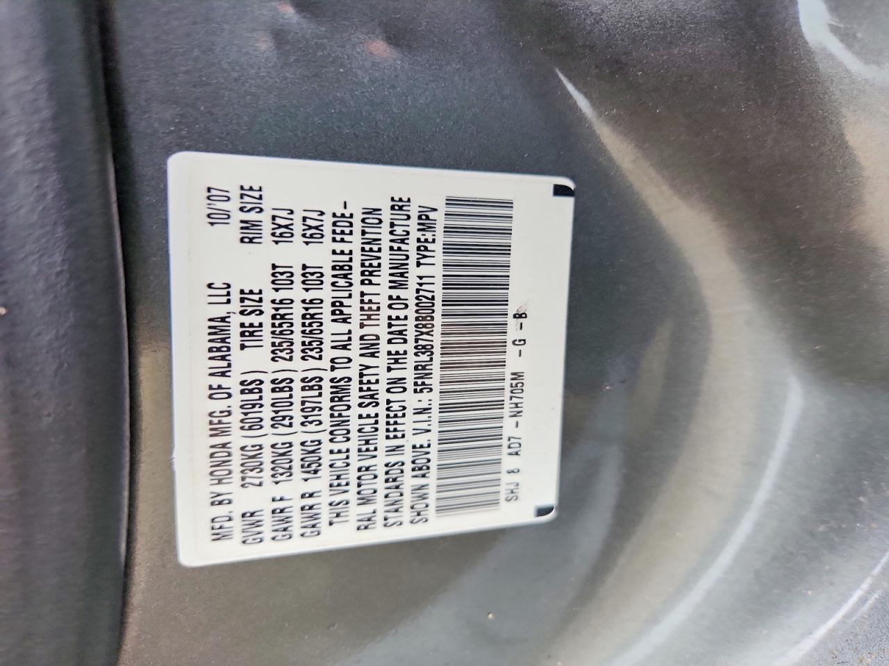 2008 Honda Odyssey Exl Gray vin: 5FNRL387X8B002711
