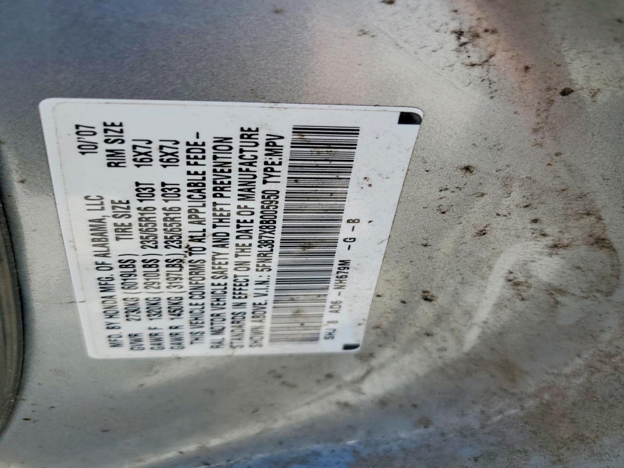 2008 Honda Odyssey Exl Gray vin: 5FNRL387X8B005950