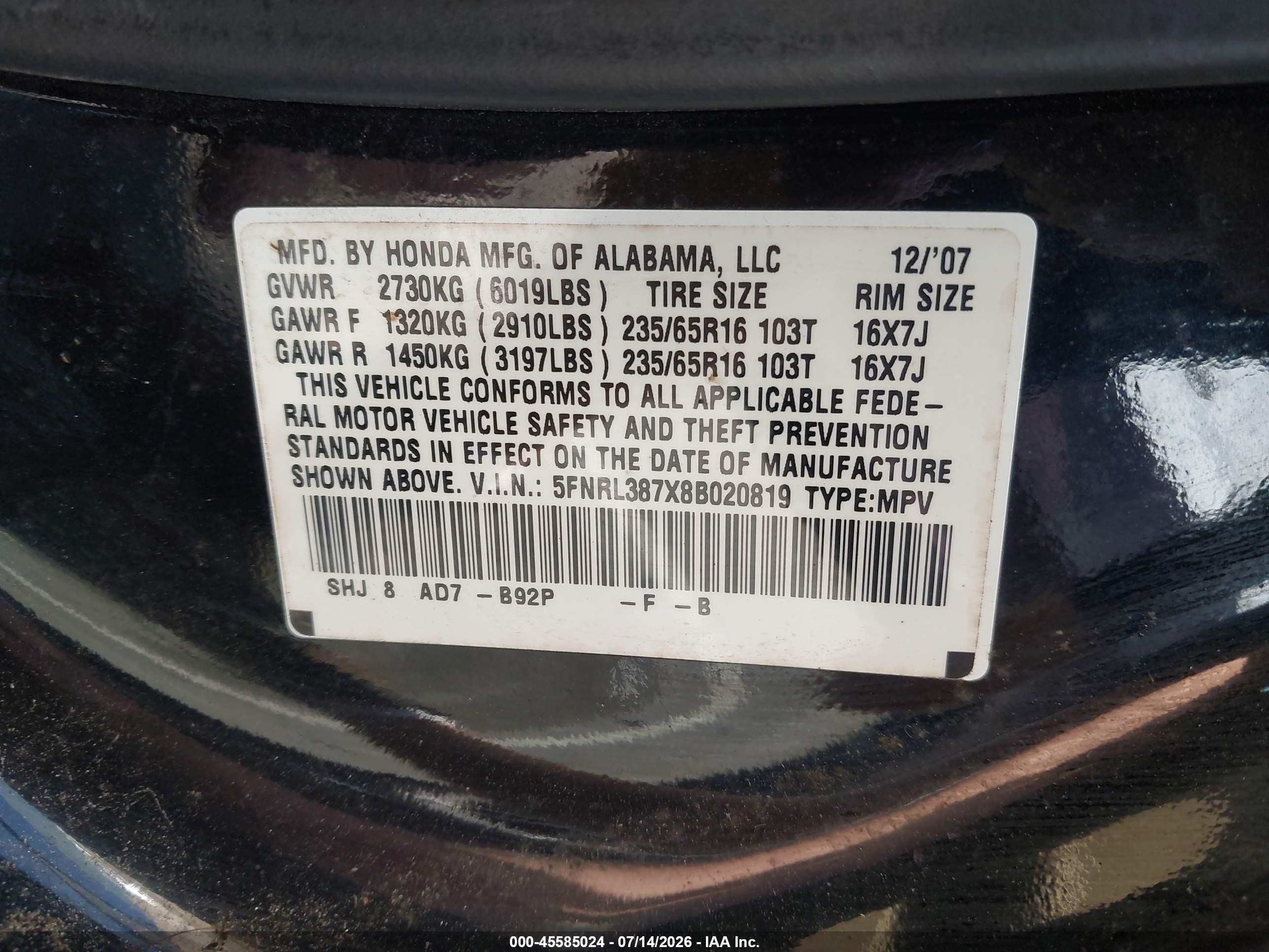2008 Honda Odyssey Ex-l Black vin: 5FNRL387X8B020819
