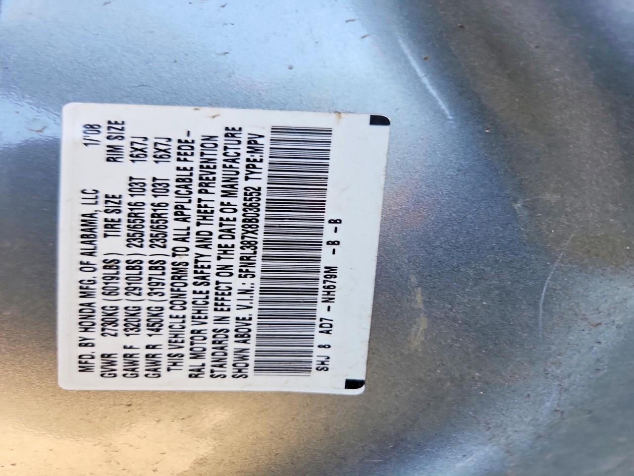 2008 Honda Odyssey Exl Gray vin: 5FNRL387X8B036552