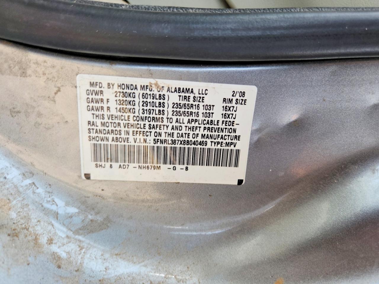 2008 Honda Odyssey Exl Blue vin: 5FNRL387X8B040469
