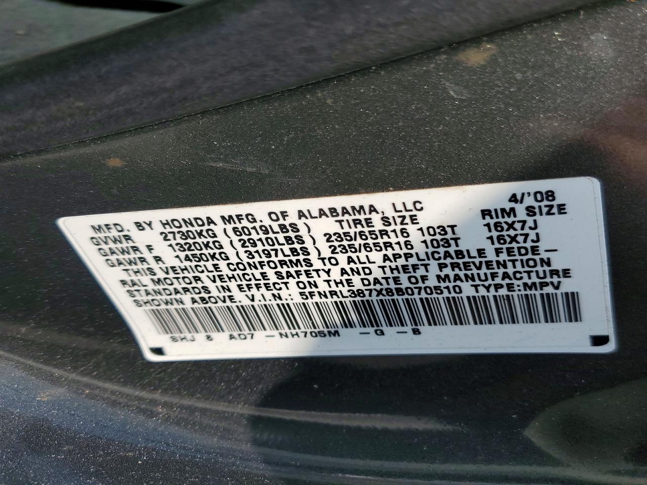 2008 Honda Odyssey Exl Gray vin: 5FNRL387X8B070510