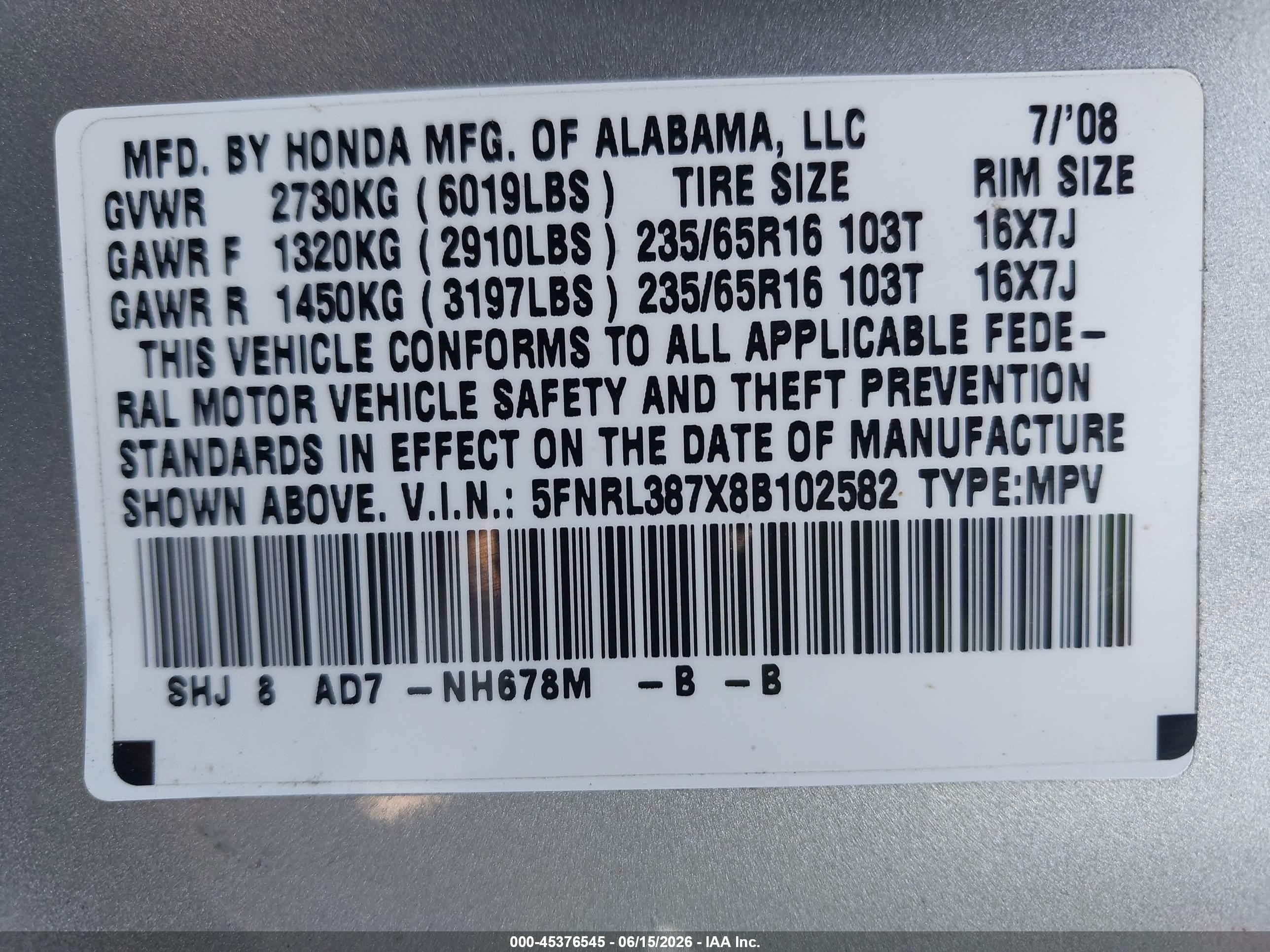 2008 Honda Odyssey Ex-l Silver vin: 5FNRL387X8B102582