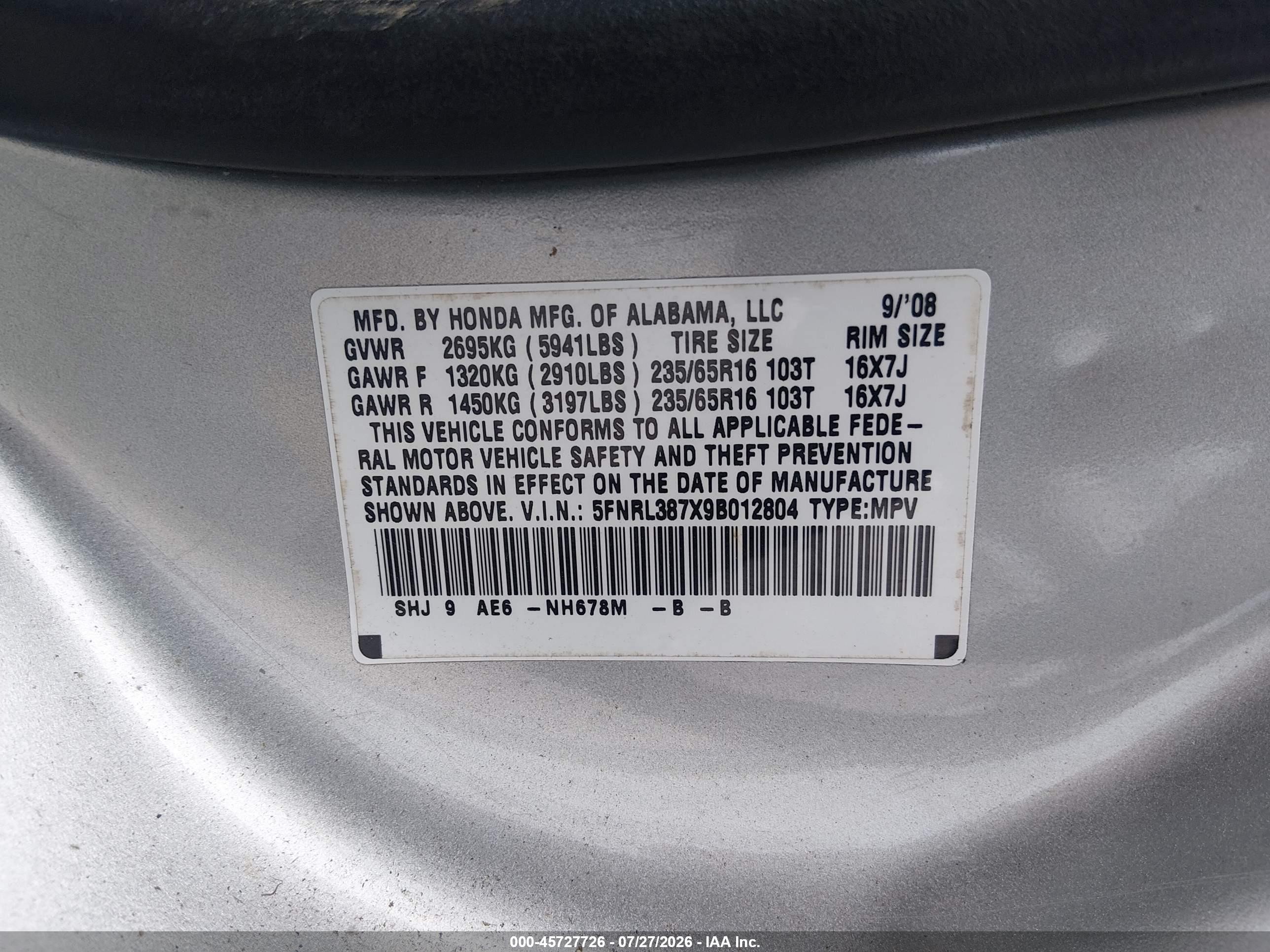 2009 Honda Odyssey Ex-l Silver vin: 5FNRL387X9B012804