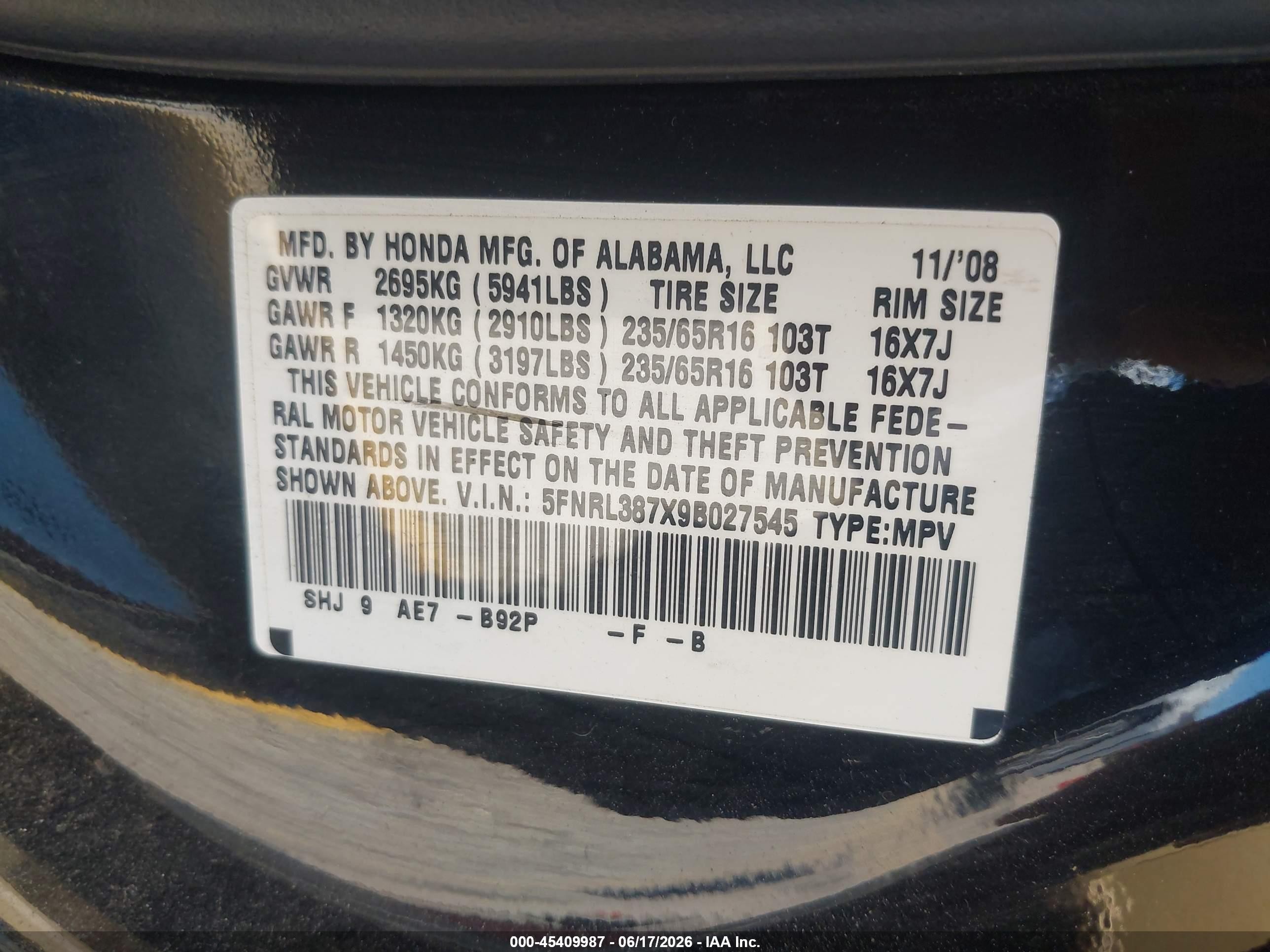 2009 Honda Odyssey Ex-l Black vin: 5FNRL387X9B027545