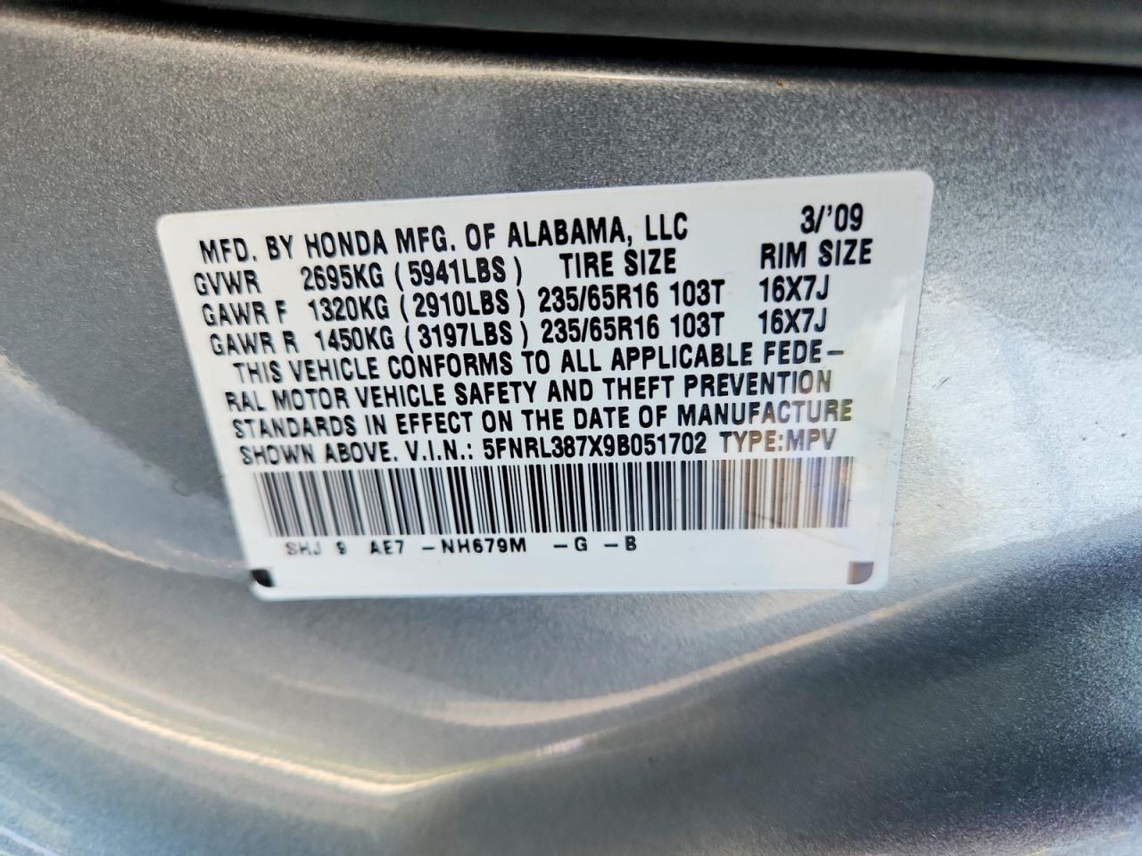 2009 Honda Odyssey Exl Blue vin: 5FNRL387X9B051702