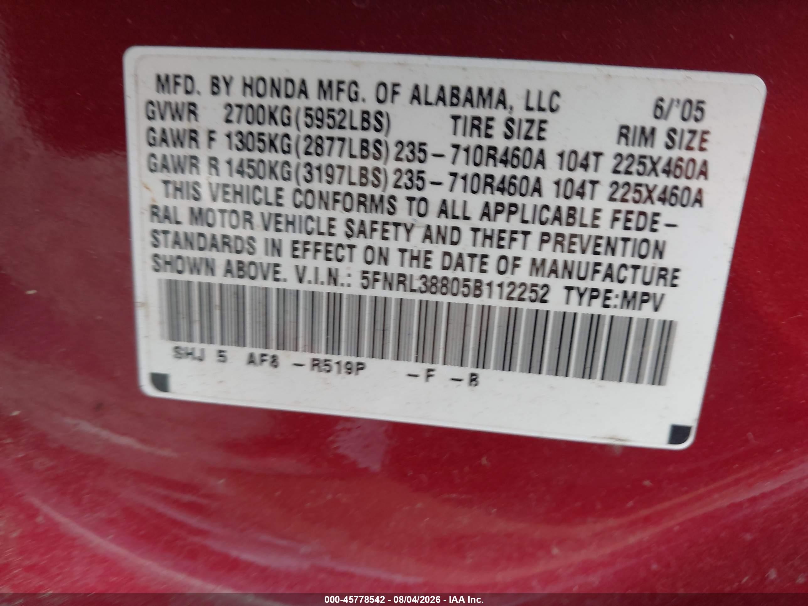 2005 Honda Odyssey Touring Red vin: 5FNRL38805B112252