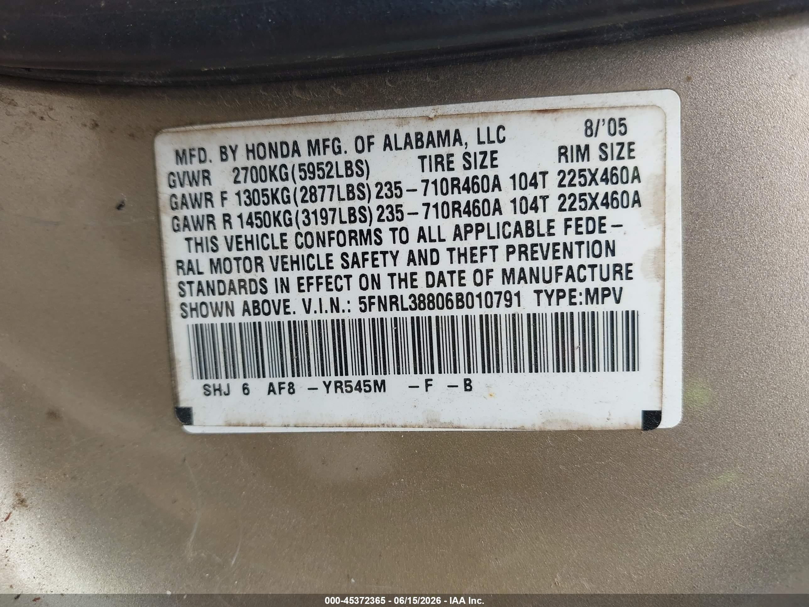 2006 Honda Odyssey Touring Gold vin: 5FNRL38806B010791