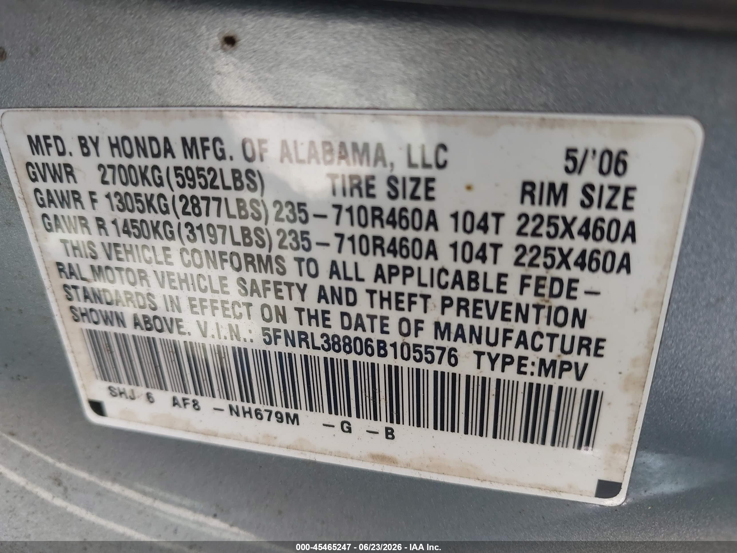 2006 Honda Odyssey Touring Silver vin: 5FNRL38806B105576