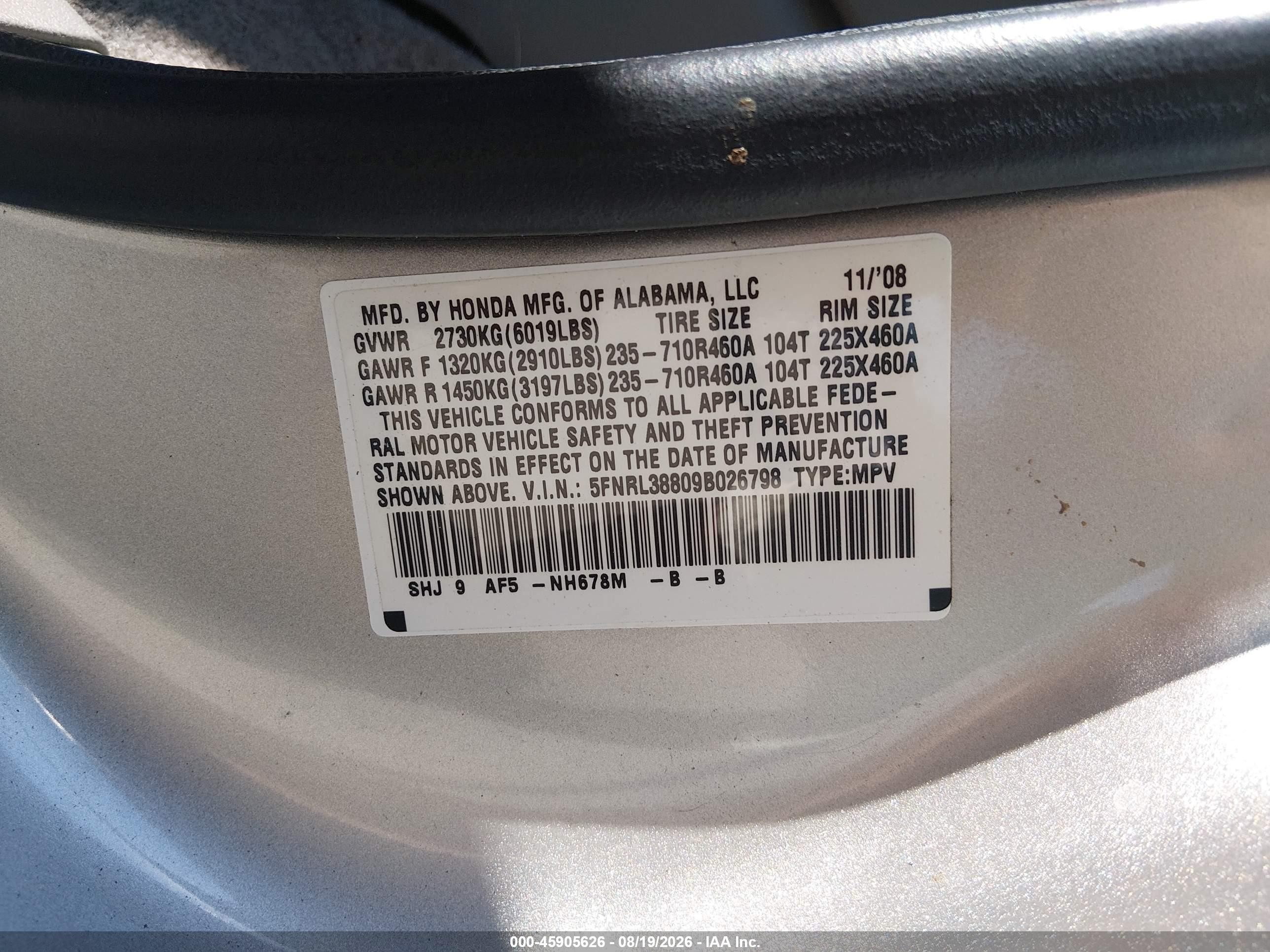 2009 Honda Odyssey Touring Silver vin: 5FNRL38809B026798