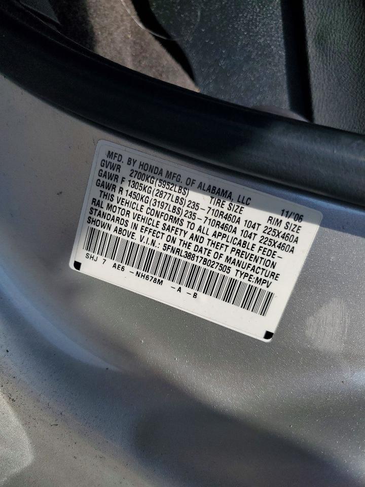 2007 Honda Odyssey Touring Silver vin: 5FNRL38817B027505