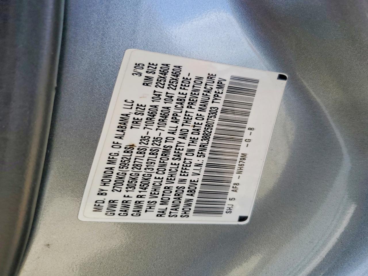 2005 Honda Odyssey Touring Silver vin: 5FNRL38825B075303