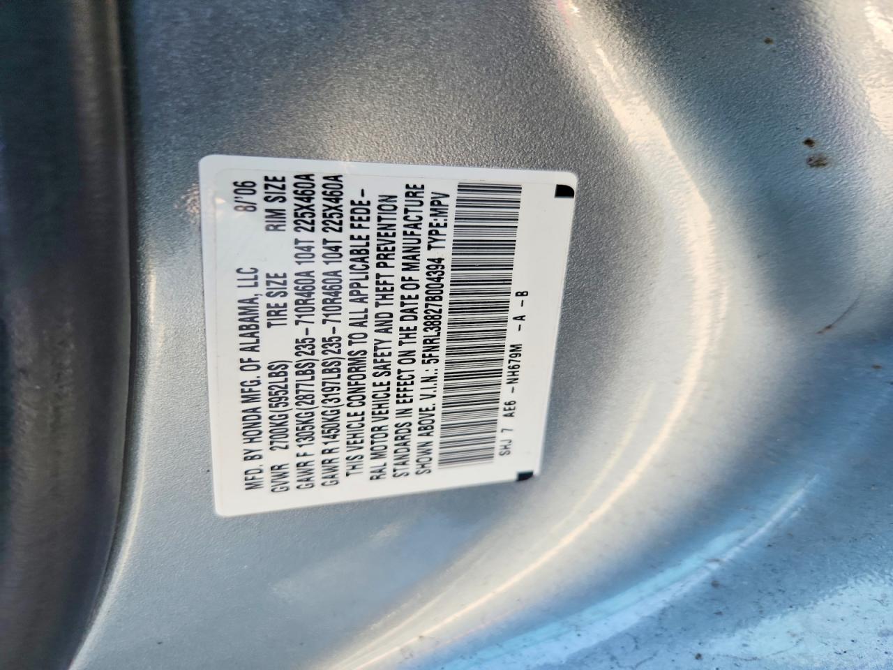 2007 Honda Odyssey Touring Silver vin: 5FNRL38827B004394