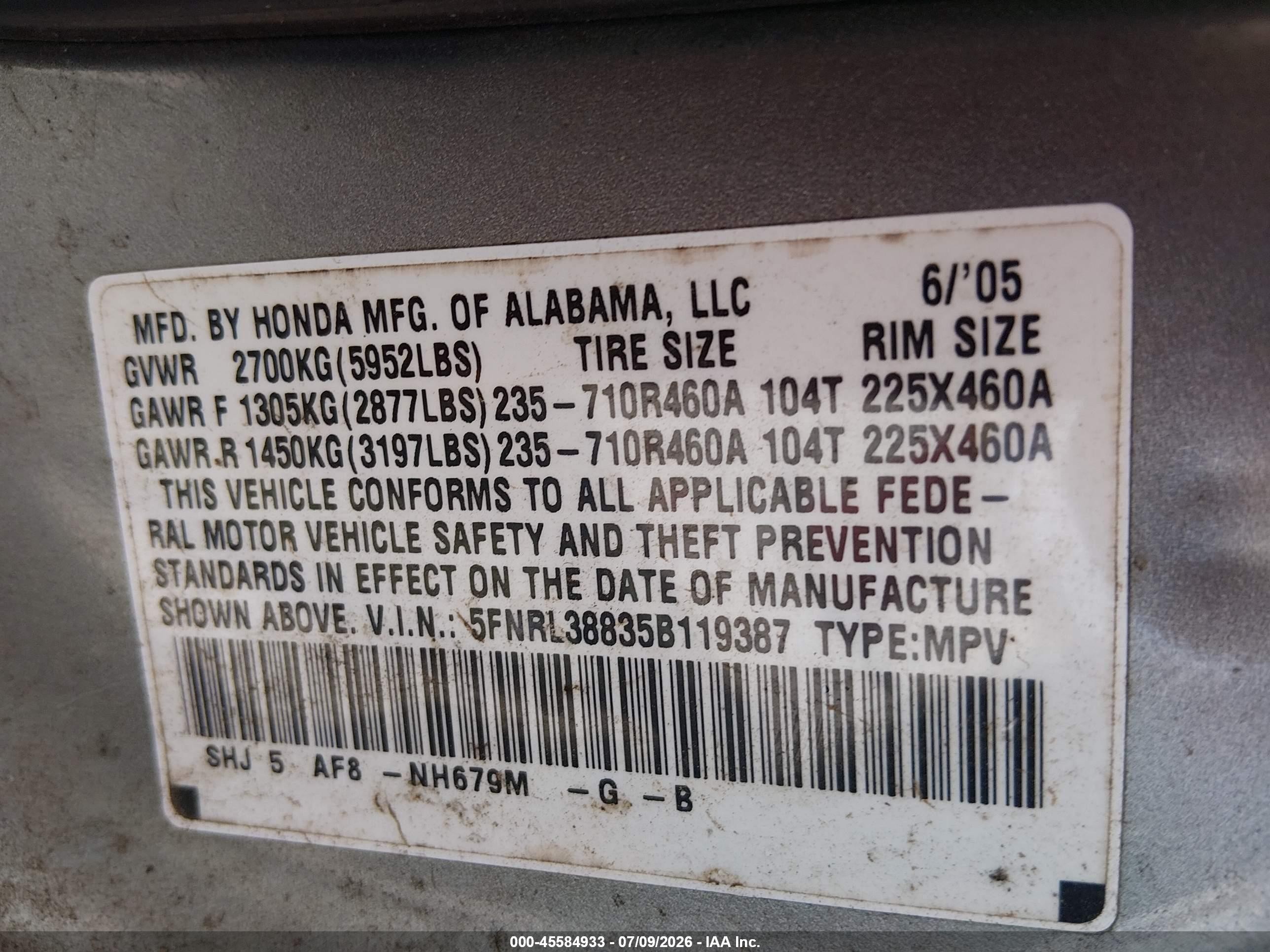 2005 Honda Odyssey Touring Light Blue vin: 5FNRL38835B119387