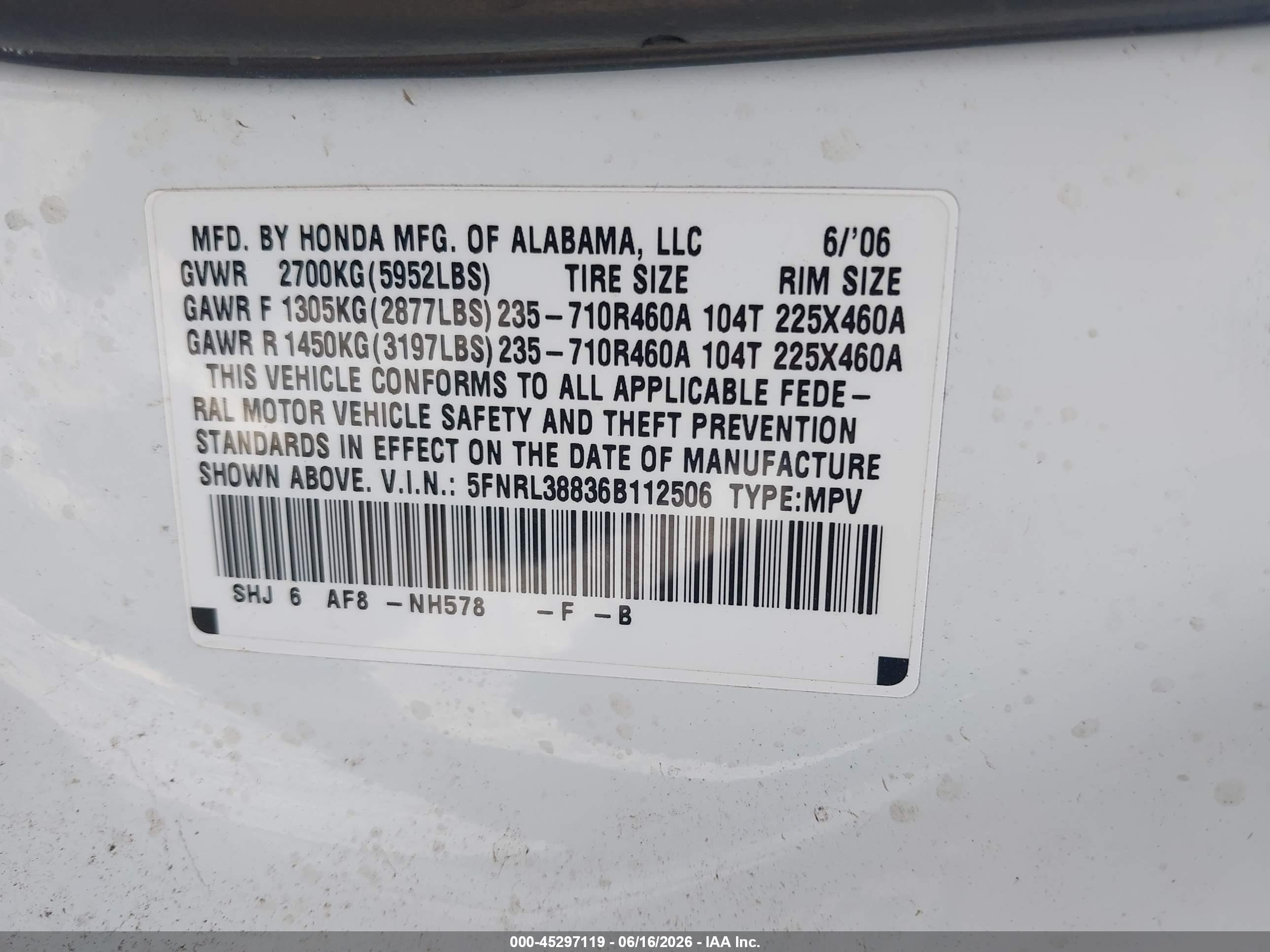 2006 Honda Odyssey Touring White vin: 5FNRL38836B112506