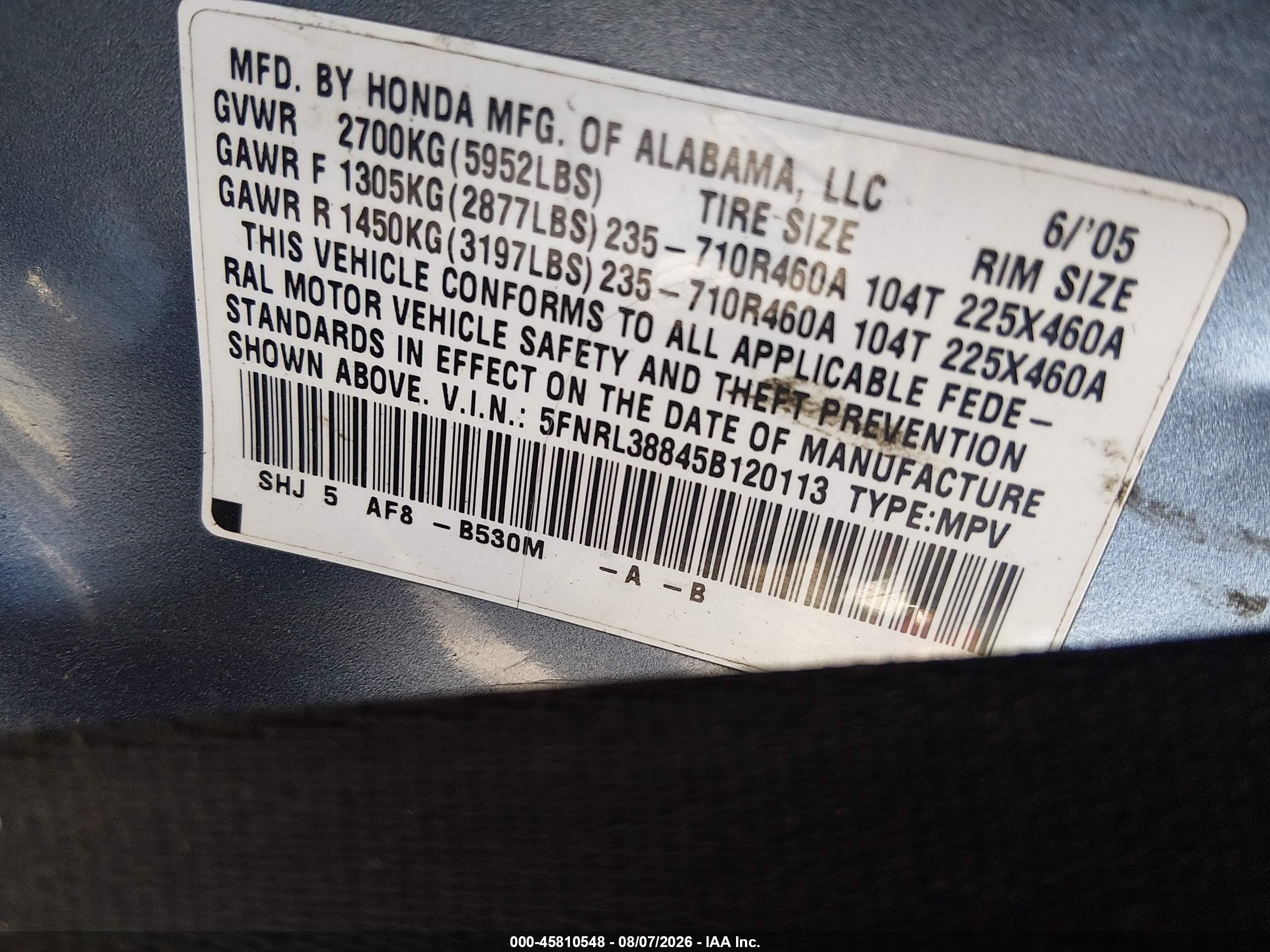 2005 Honda Odyssey Touring Light Blue vin: 5FNRL38845B120113