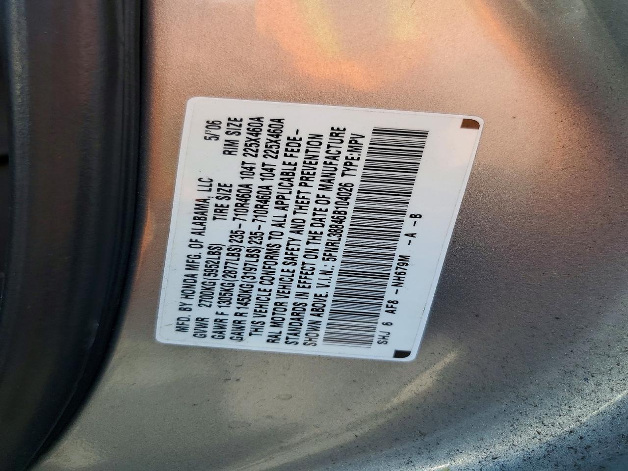 2006 Honda Odyssey Touring Серебряный vin: 5FNRL38846B104026