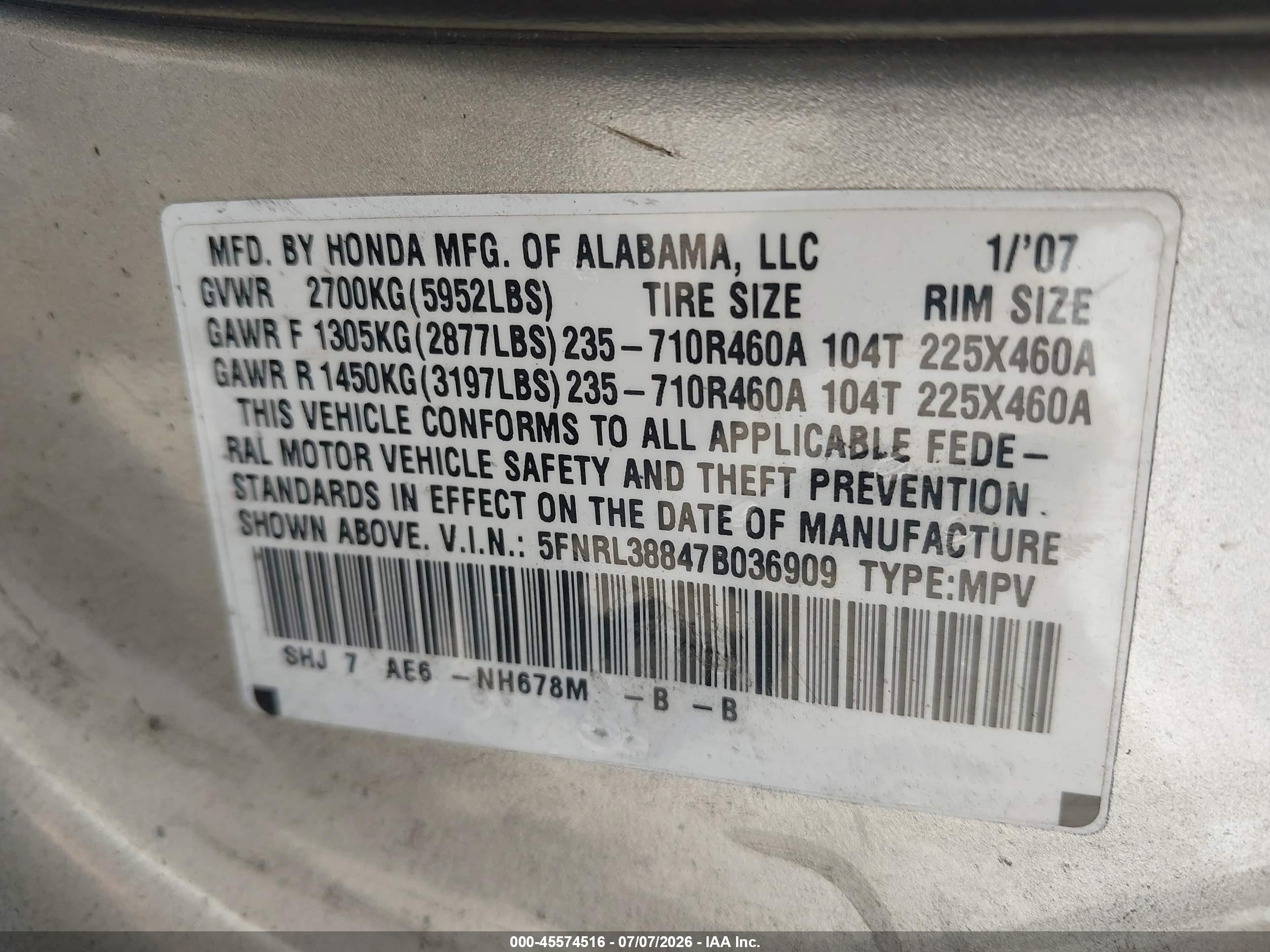 2007 Honda Odyssey Touring Silver vin: 5FNRL38847B036909