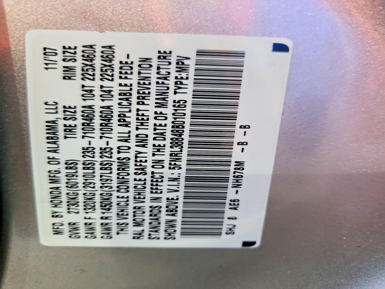 2008 Honda Odyssey Touring Silver vin: 5FNRL38848B010165