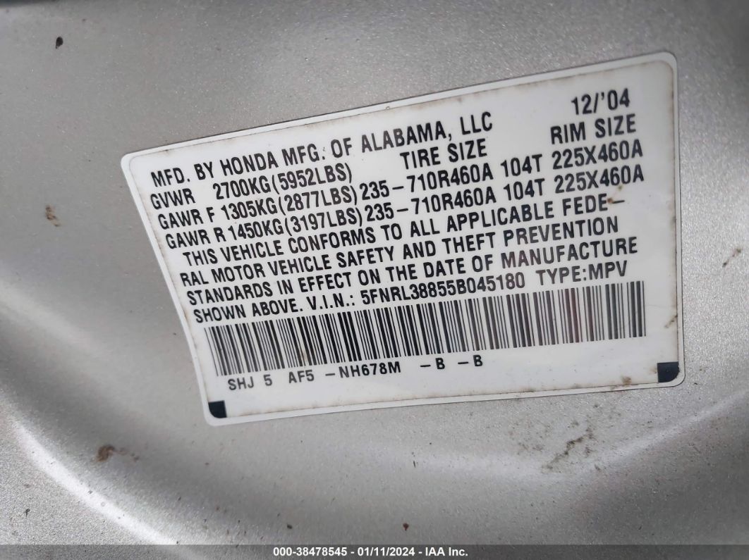 2005 Honda Odyssey Touring Silver vin: 5FNRL38855B045180