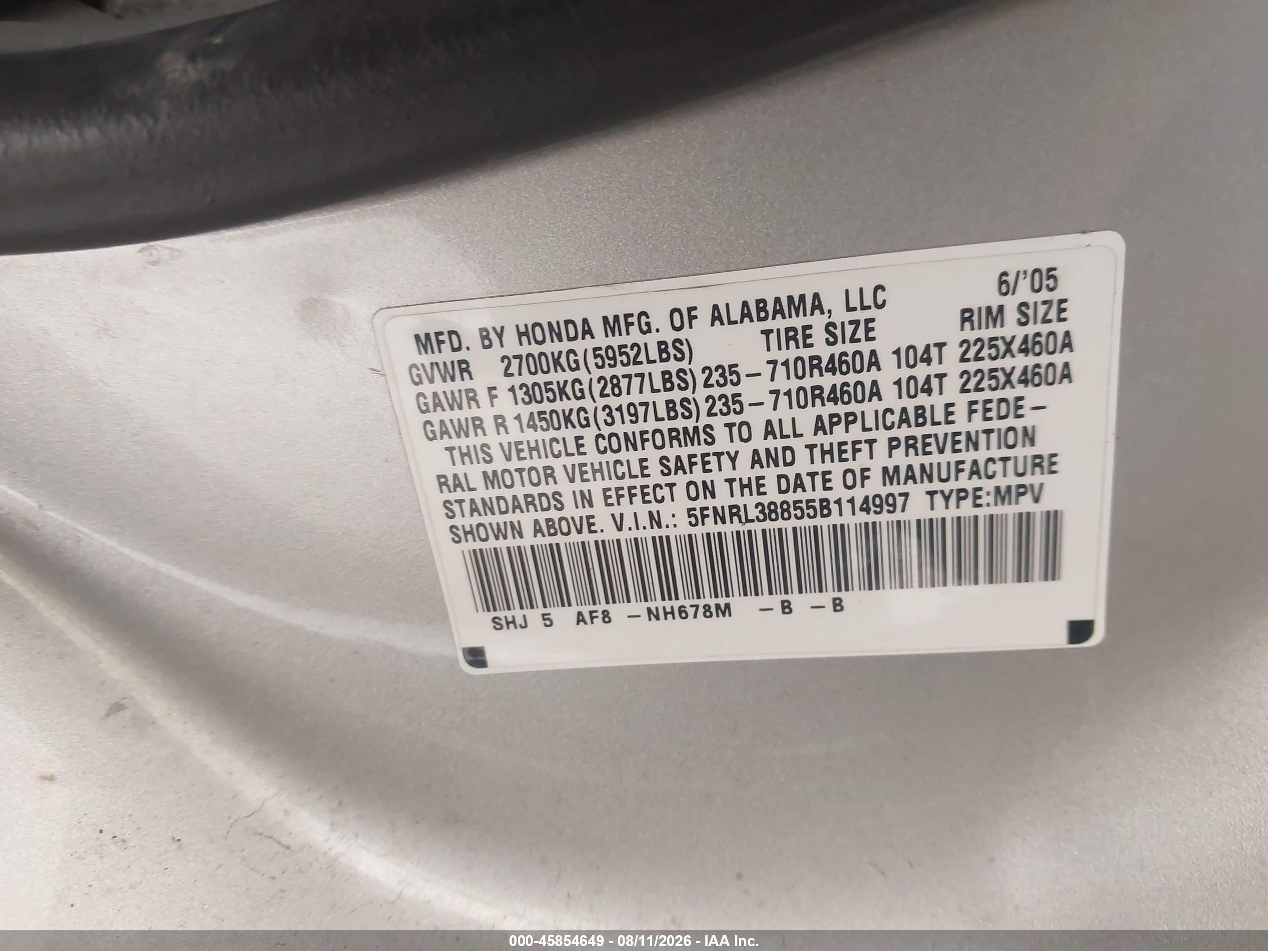 2005 Honda Odyssey Touring Желто-коричневый vin: 5FNRL38855B114997